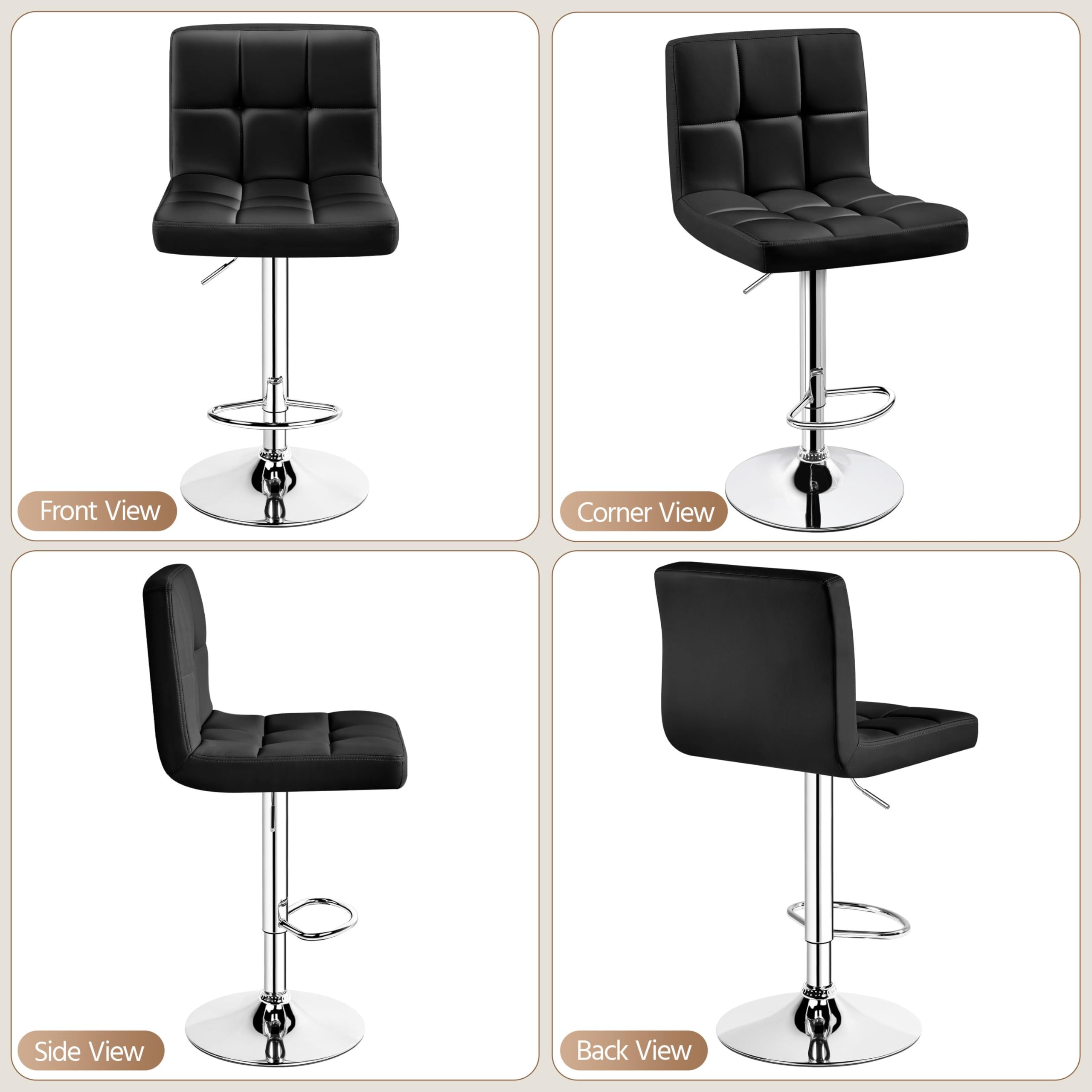 Yaheetech Bar Stools Set of 2, Adjustable PU Leather Swivel Barstools, Modern Counter Stools with Back and Footrest, Counter Height Barstools for Bar, Kitchen, Dining Room, Black
