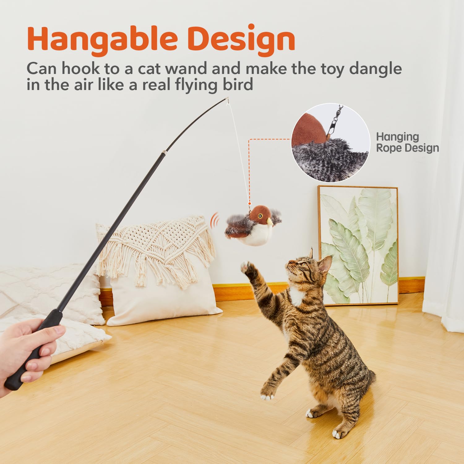 Potaroma Cat Toys Rechargeable Flapping Bird Sparrow, Lifelike Chirp Tweet, Touch Activated Kitten Toy Interactive Cat Exercise Toys for All Breeds Cat Kicker Catnip Toys 4.0 Inches