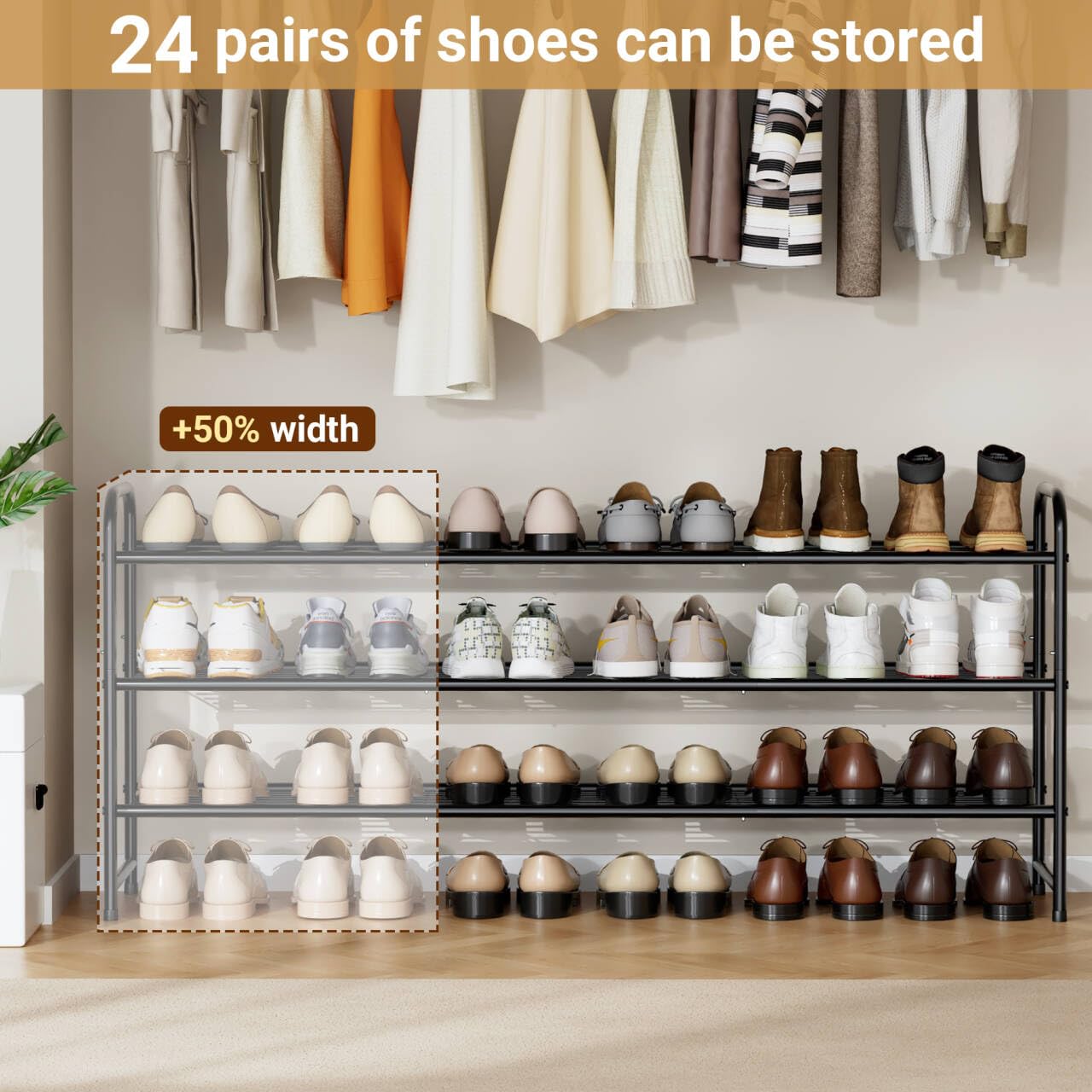 KEETDY 3-Tier Long Shoe Rack for Closet Metal Shoe Organizer for Entryway, Wide Stackable Shoe Storage Shelf with Sturdy Wire Grid for Closet Floor, Bedroom, Black