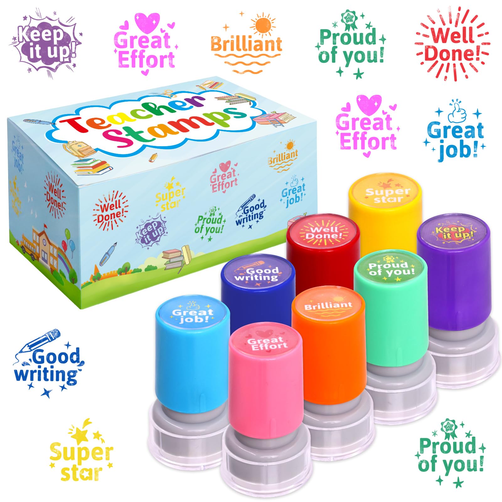 Fancy Land Teacher Stamps Self Inking for Classroom Rubber Stamp for Grading Homework Test Motivation Students Behavior Reward Supplies 8Pcs