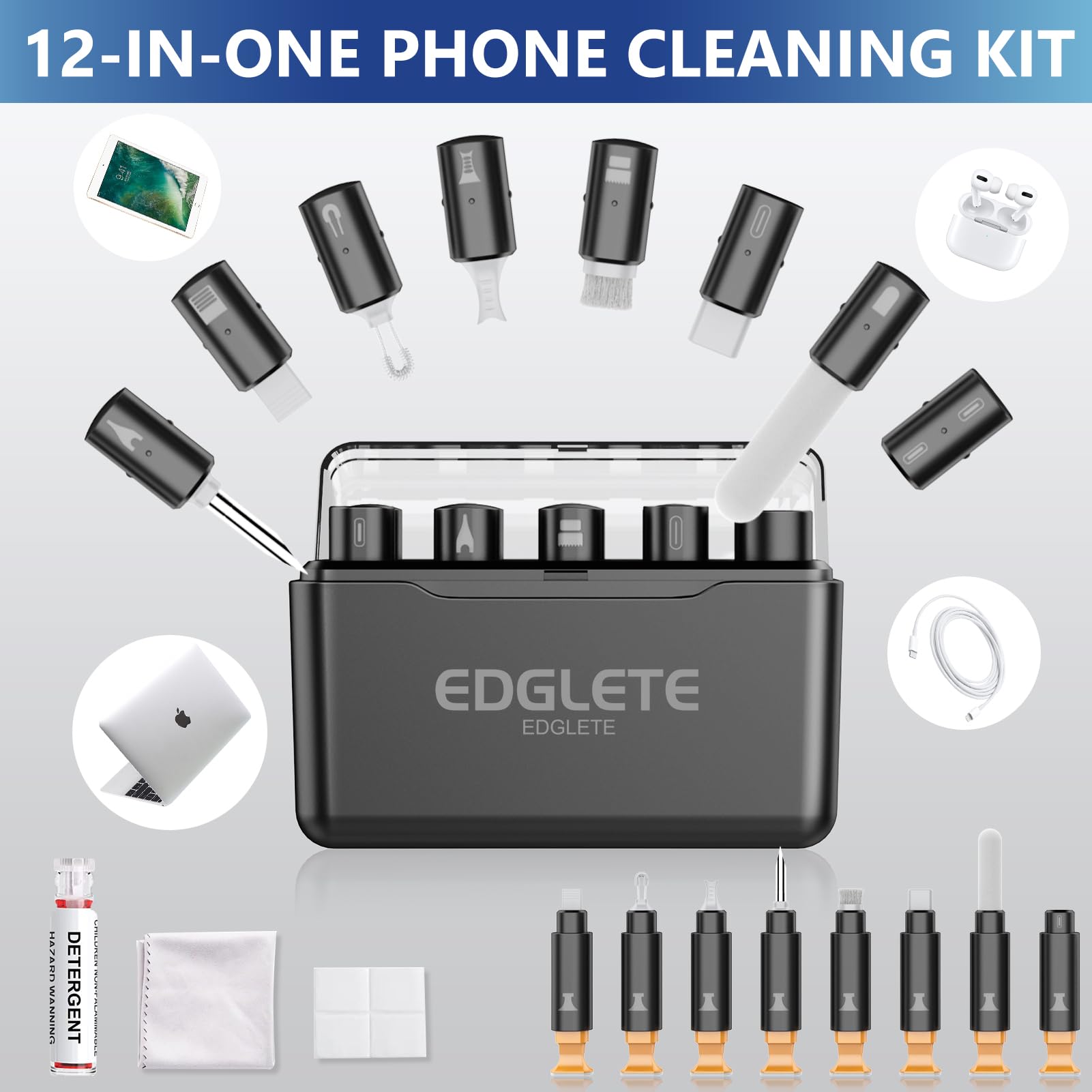 Edglete for iPhone Cleaning Kit, Cleaner Kit for AirPod, iPhone Cleaner Charging Port Cleaning, Portable Cell Phone Repair Restore Tool for iPad Lightning Charger Cables Connectors Electronic Devices
