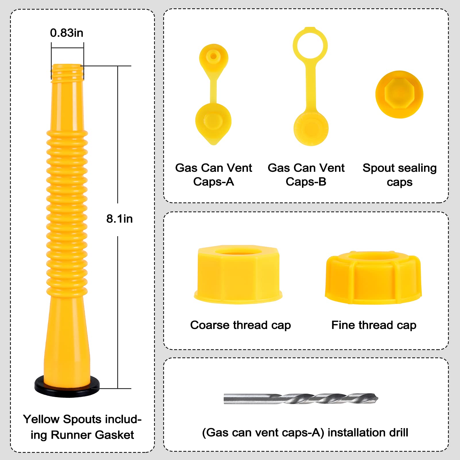 Gas Can Spout Replacement Kit, Gas Can Nozzle Replacement (5 Kit), for most 1/2/5/10 Gallon Gas Cans. The seal is fully installed you can use it directly. Replacement gas can spout (Yellow)