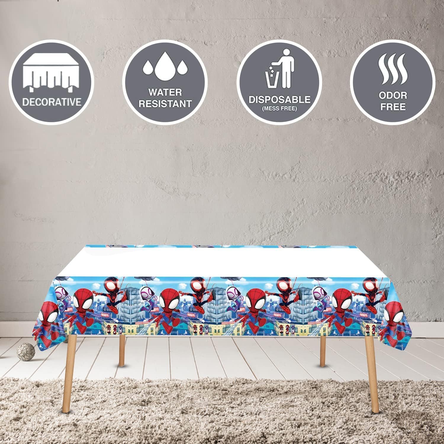 Cartoon spidey themed birthday party supplies. These decorations include "Happy Birthday" banners, tableware, tablecloths, balloons, large and small skewers, and party-themed decoration sets.