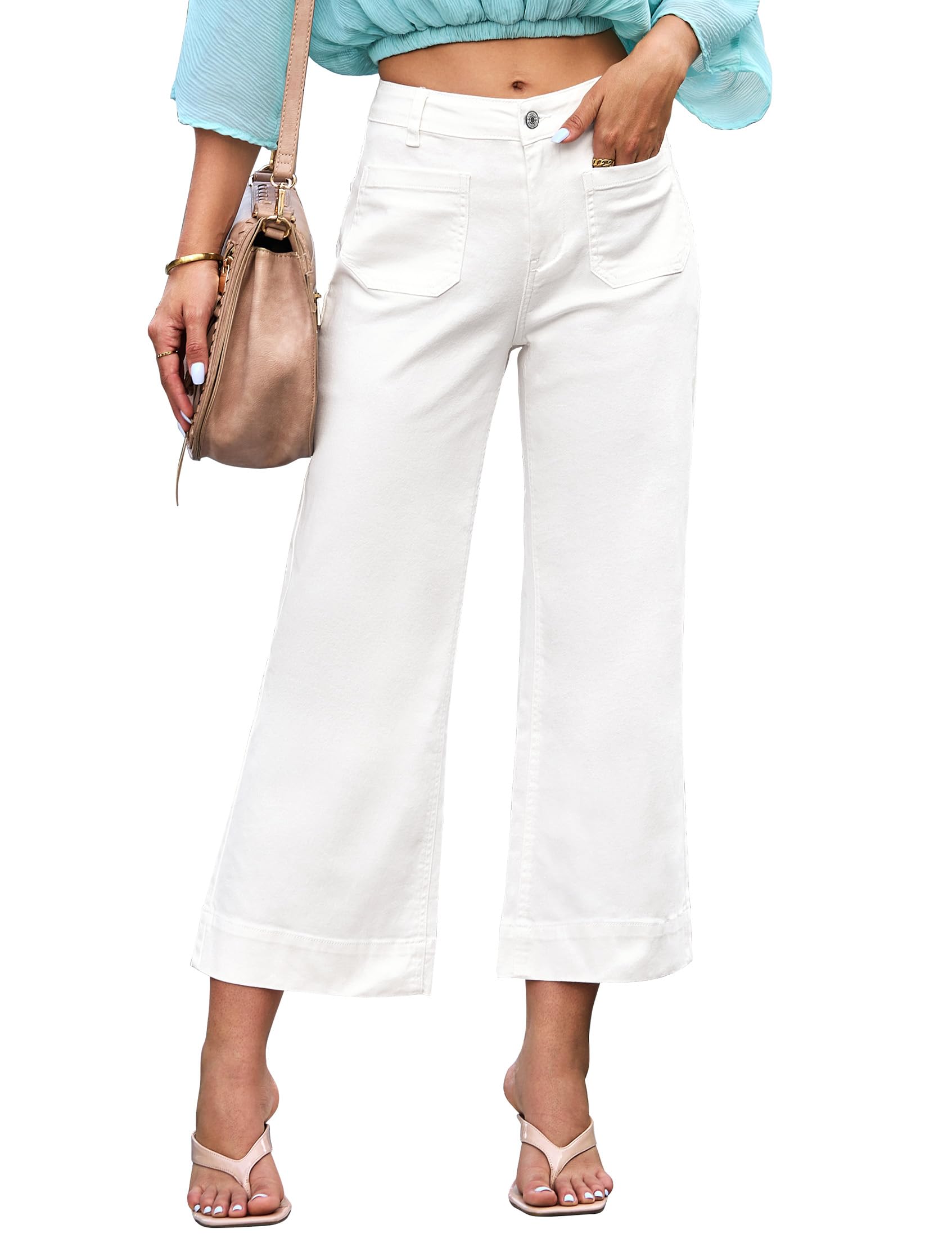 luvamia Wide Leg Jeans for Women Trendy High Waisted Flare Jeans Cropped Denim Pants Stretchy with Patch Pockets High Rise Flare Jeans for Women High Waist Pants Women Cream White Size 6