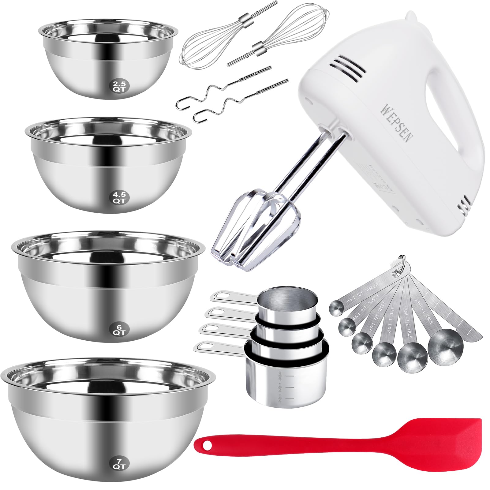 5-Speed Electric Hand Mixer, 4 Large Mixing Bowls Set, Handheld Mixers with Whisks Beater, Stainless Steel Metal Nesting Bowl Measuring Cups Spoons Kitchen Cake Blender for Baking Supplies