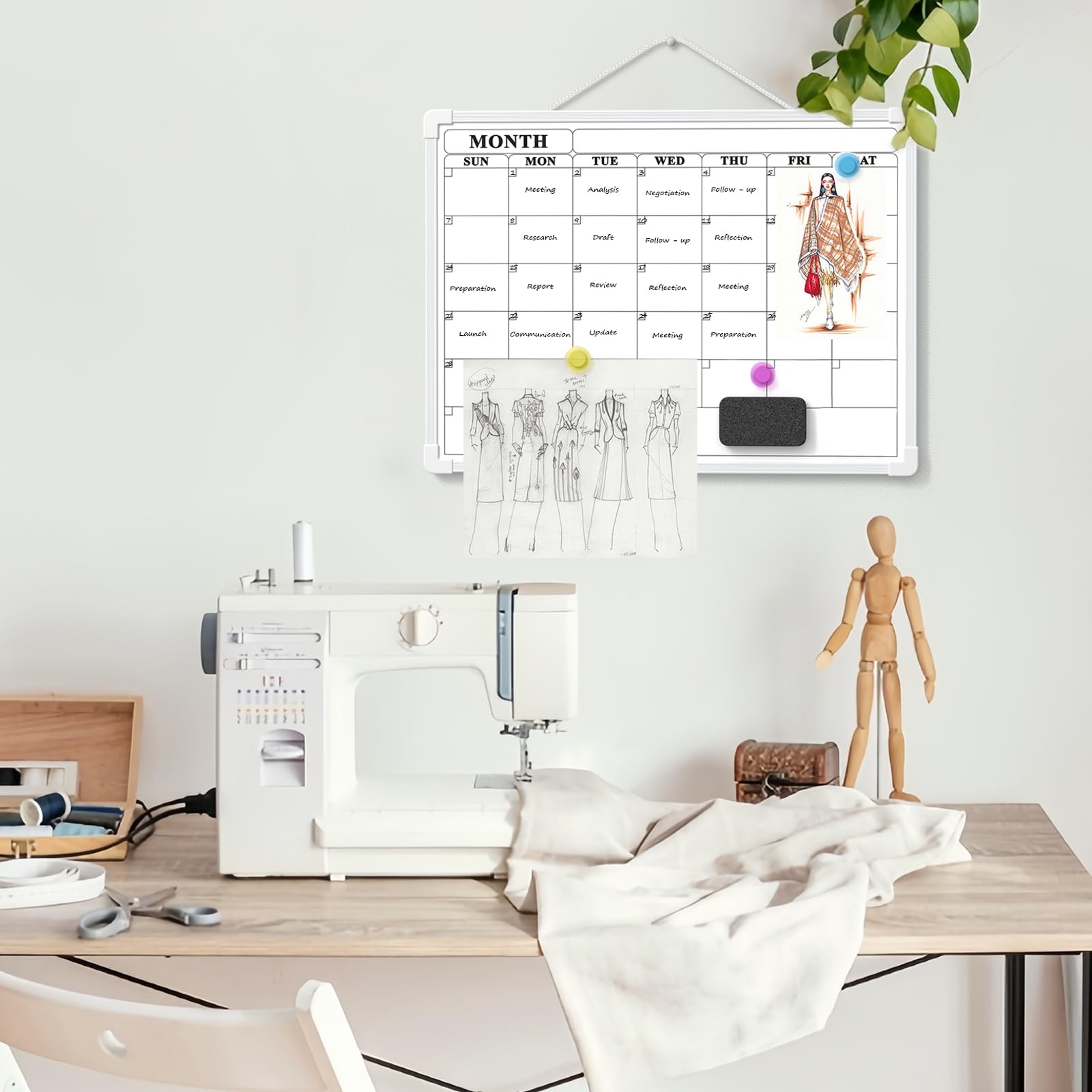 Lumspax Monthly Whiteboard Calendar for Wall, Small 16" x 12" Dry Erase Board with Plastic Frame, Hanging Dry Erase Calendar for Kitchen Planner, Memo, Office