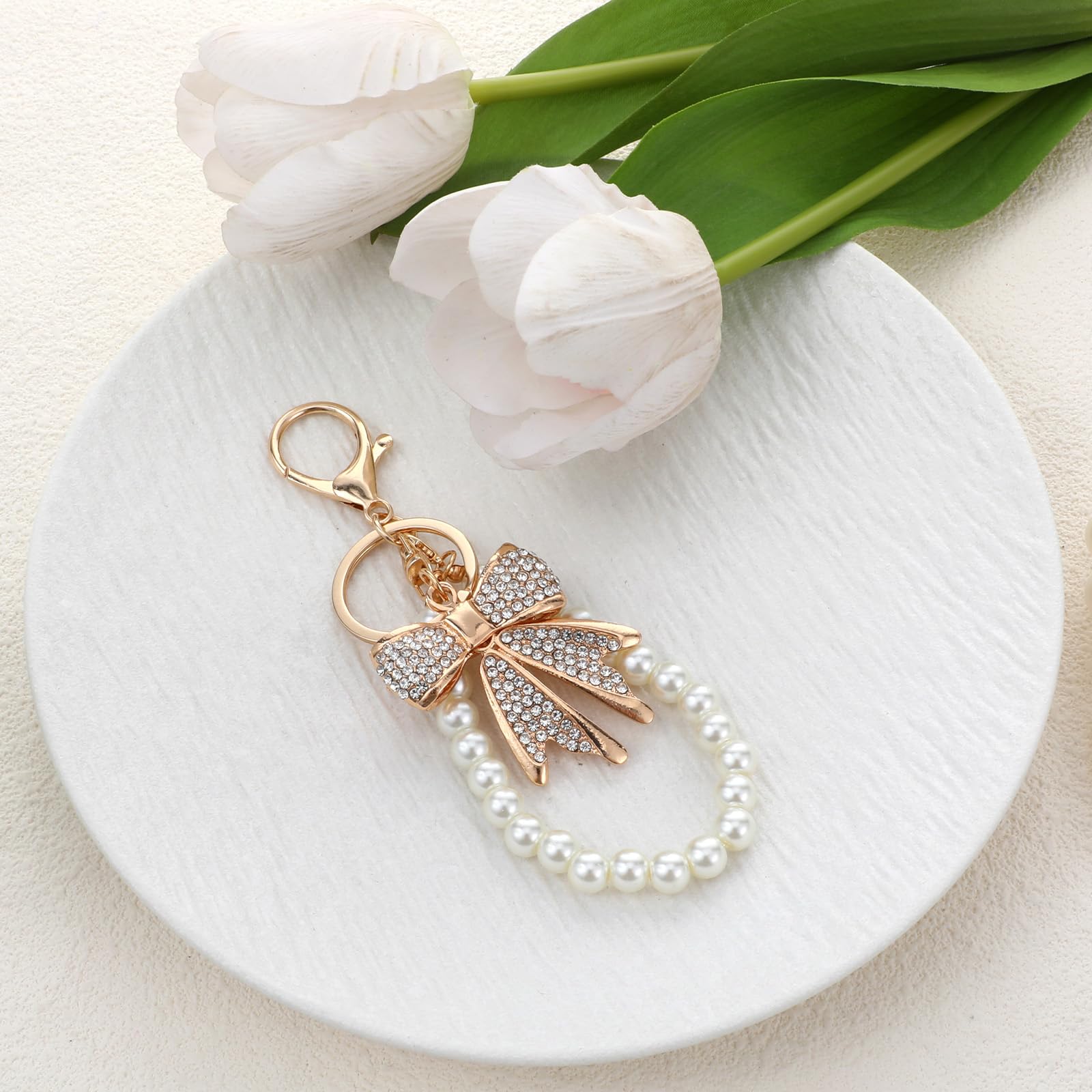 Lnngub Bow Keychain White Rhinestone Bowknot Keychain Imitation Pearl Chains Sparkly Bow Purse Charm Bag Charms for Handbags Purse Backpacks Handbag Charms Keychain Accessories for Women,2 Pcs