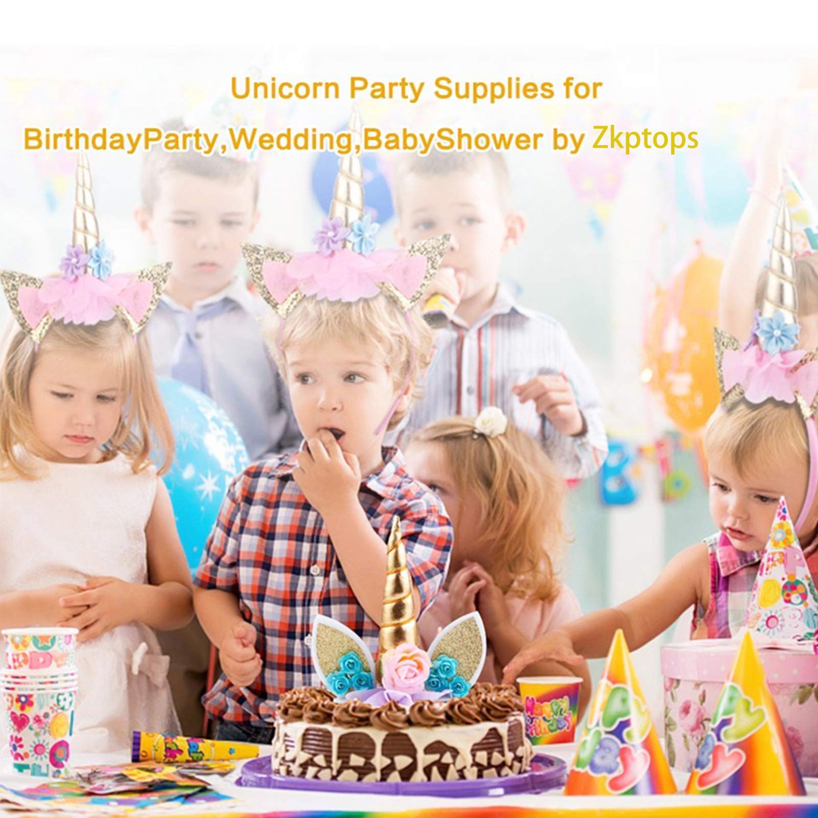 Zkptops Unicorn Cake Topper Birthday Party Supplies Unicorn Birthday Decorations Gold Horn Cake Topper Accessory with Eyelashes Cute Handmade Reusable Cake Toppers for Girls Kids Women 5.8 Inch