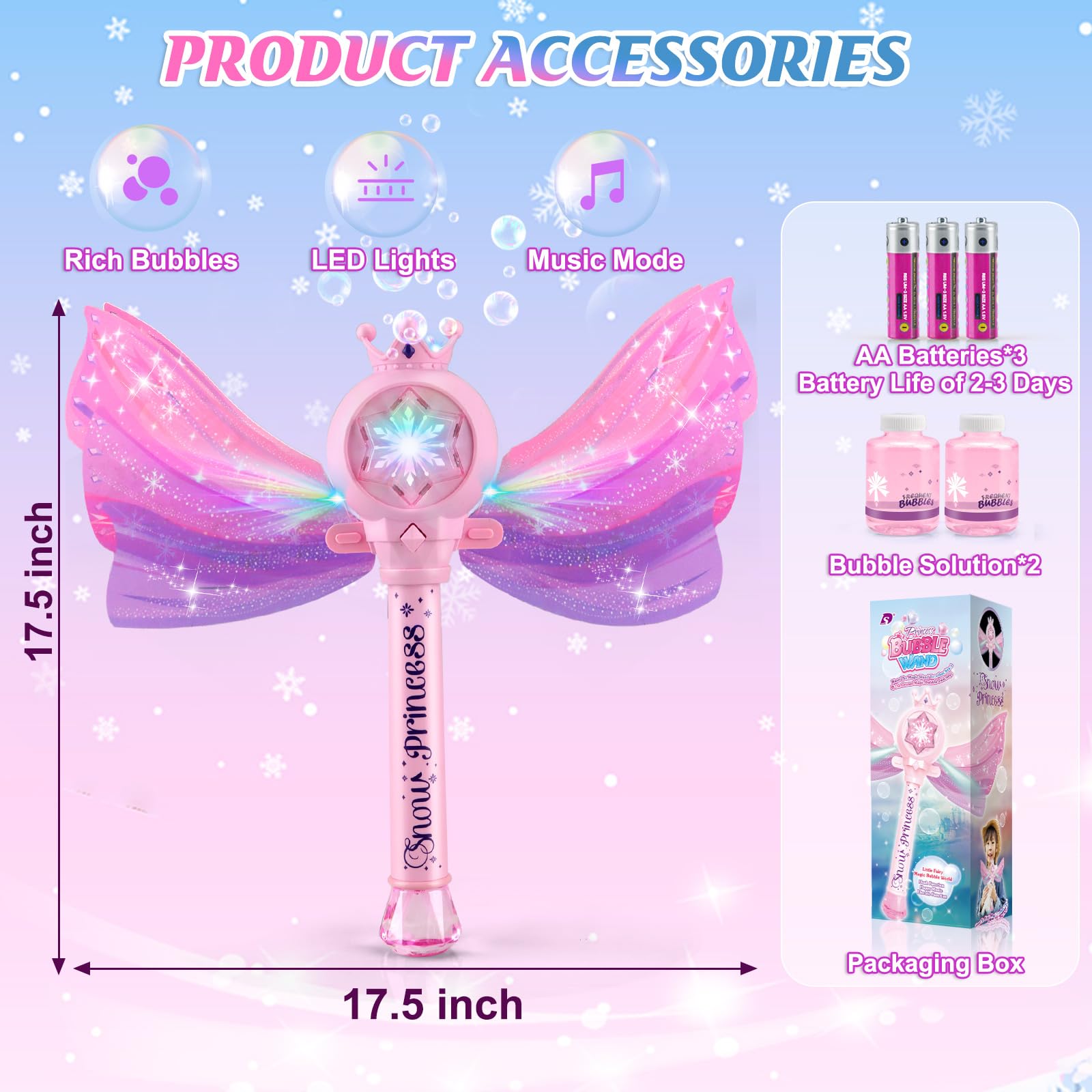 Britik Bubble Wands for Kids Girls - LED Light & Music Bubble Machine: 3 AA Batteries & 2 Bubble Solutions, Outdoor Party Birthday Toys for Toddlers, Gift for 3 4 5 6 7 8 Year Old Girls