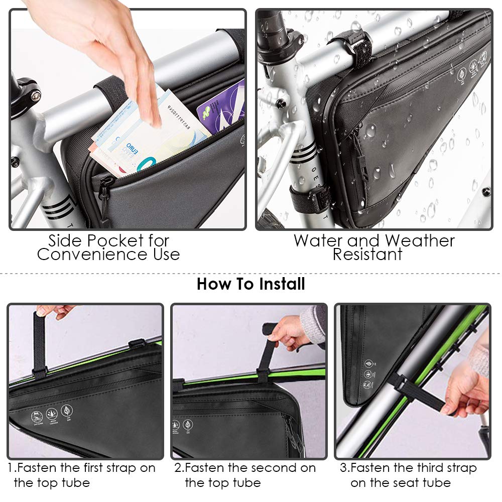 WOTOW Bike Frame Storage Bag, Water Resistant Reflective Bicycle Triangle Bag with Two Side Pockets, Strap-On Under Seat Tool Accessories Pouch for Mountain Road Bike Trip (2L)