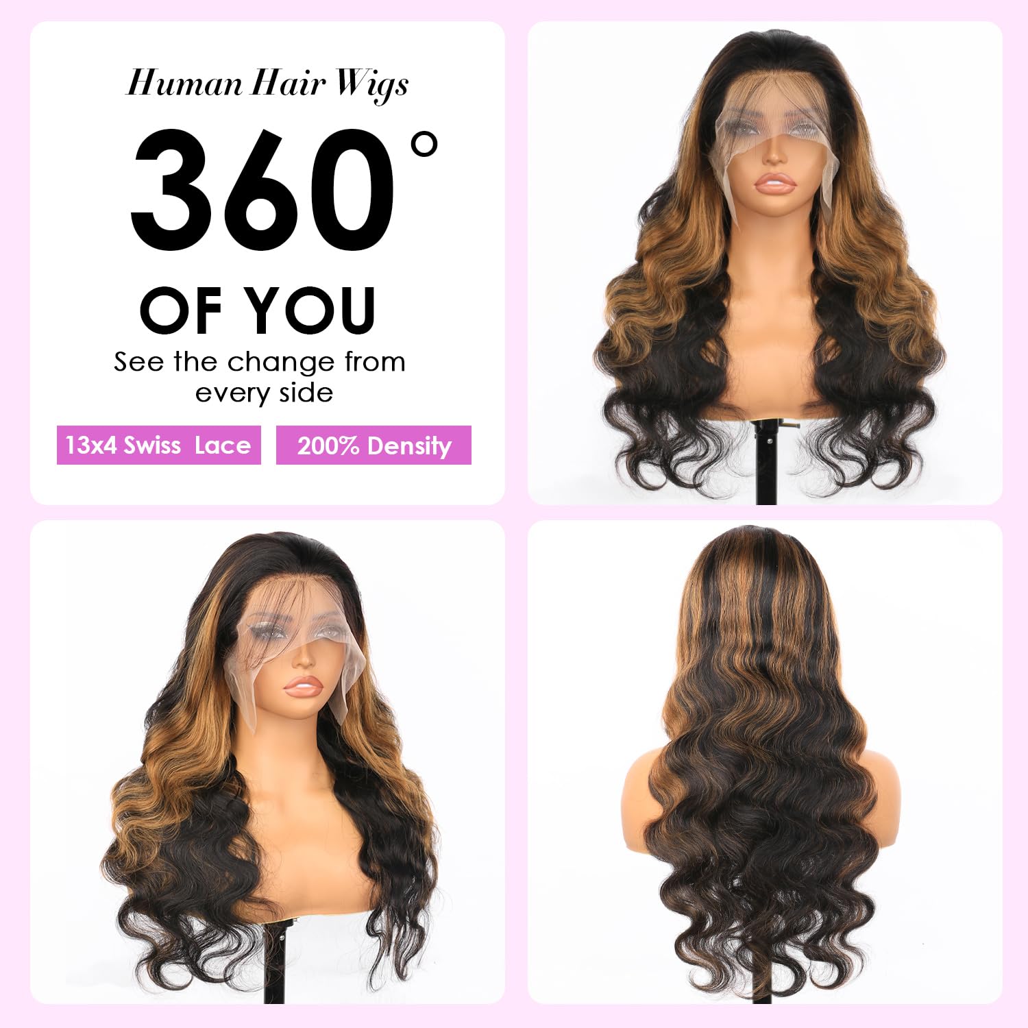 Vemalin Highlight Ombre Lace Front Wig Human Hair Body Wave Lace Front Wigs Human Hair Pre Plucked 13x4 1B/30 Brown Highlight Wig 200 Density Colored 26 Inch Balayage Glueless Wigs for Women