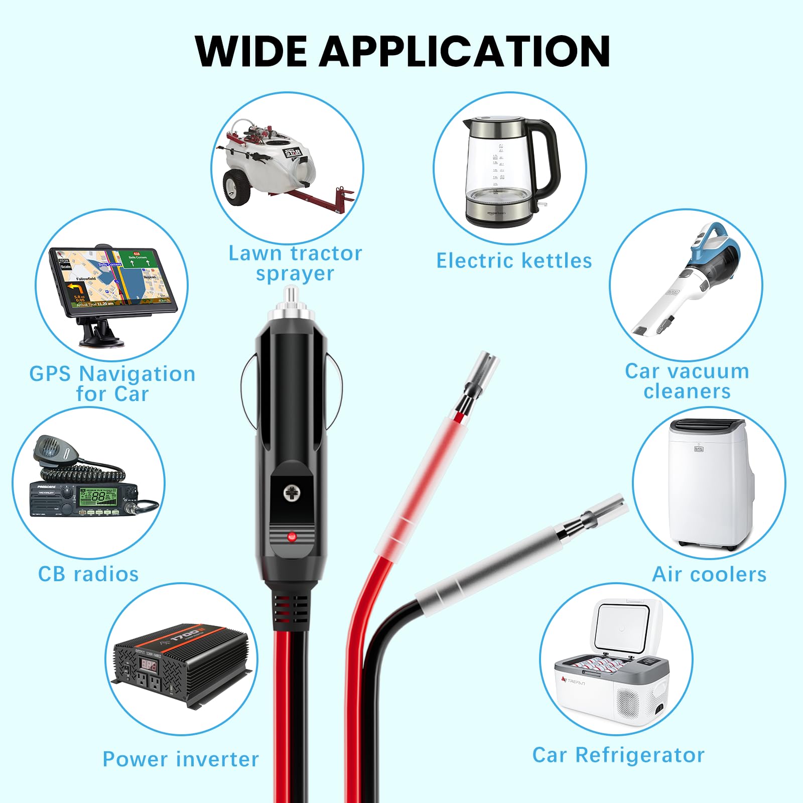 YONHAN Cigarette Lighter Male Plug 12V Fused Replacement 2 Pack, Male Cigarette Lighter Plug Adapter with Leads & LED Light, 12v Plug Connector Socket 1FT 16AWG Extension Cable with 15A Fuse