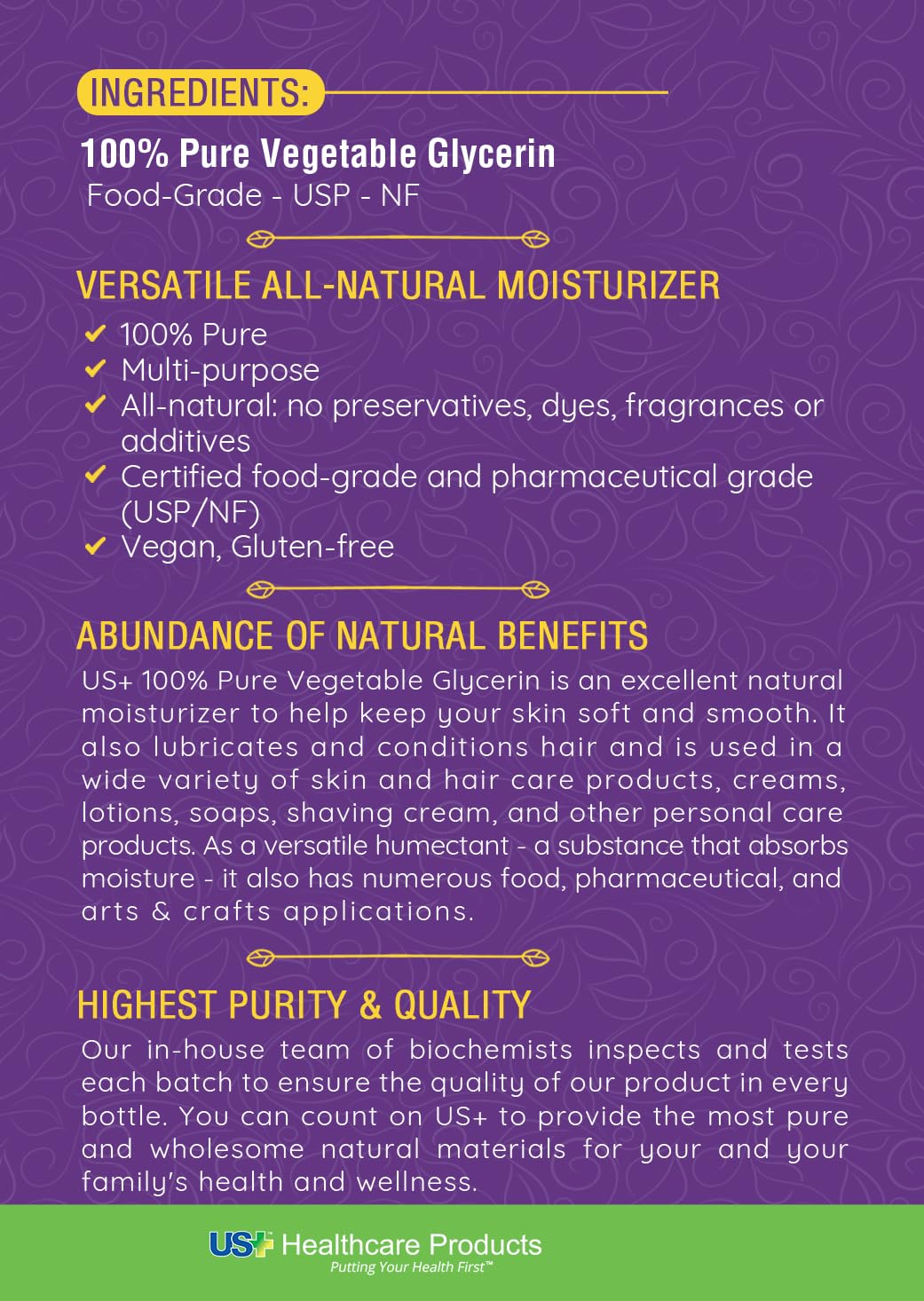 US+ 100% Pure Vegetable Glycerin - Pharmaceutical & Food Grade (USP) - Premium Quality All-Natural Moisturizer & Cleanser - For skin, hair, soaps & more (1 Gallon)