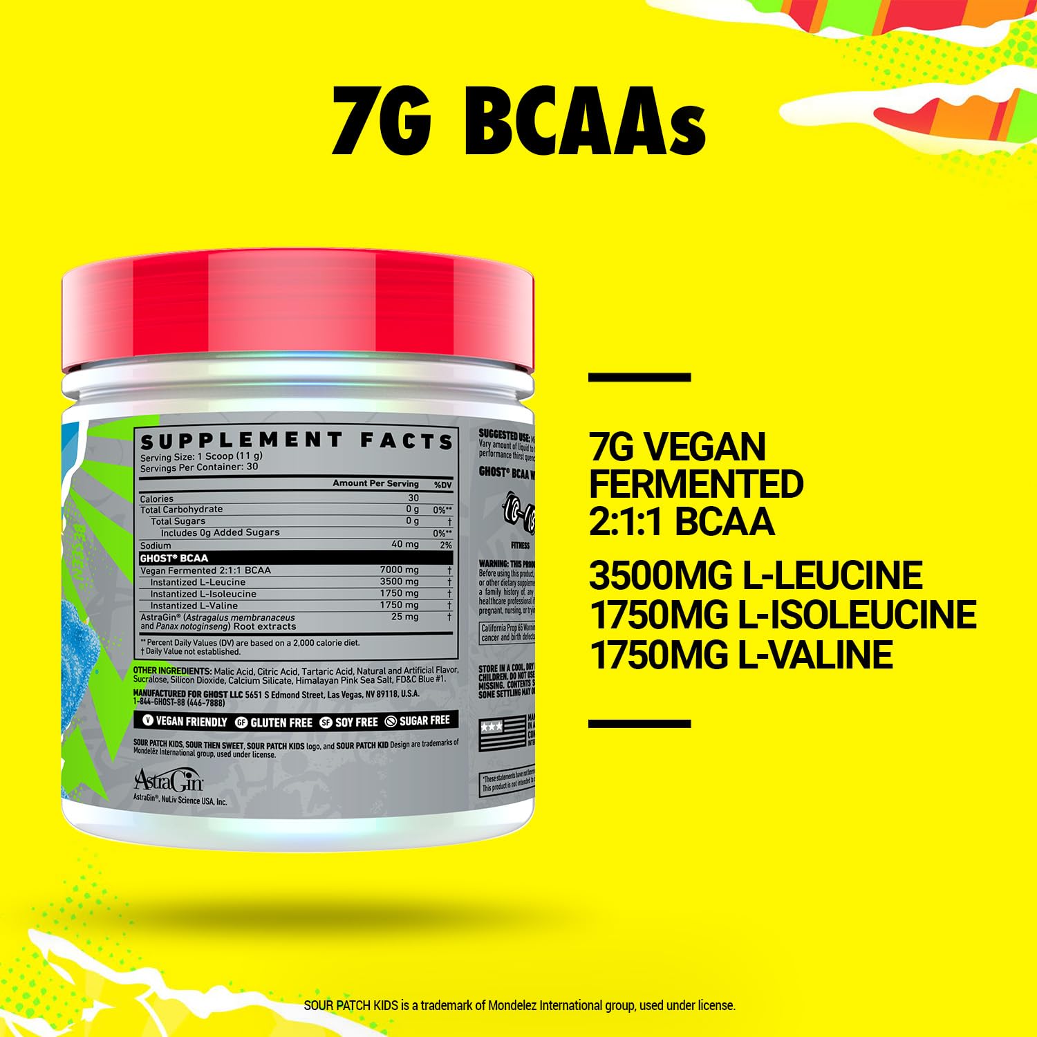 GHOST BCAA Powder Amino Acids Supplement, Sour Patch Kids Blue Raspberry - 30 Servings - Sugar-Free Intra, Post & Pre Workout Amino Powder & Recovery Drink, 7G BCAA