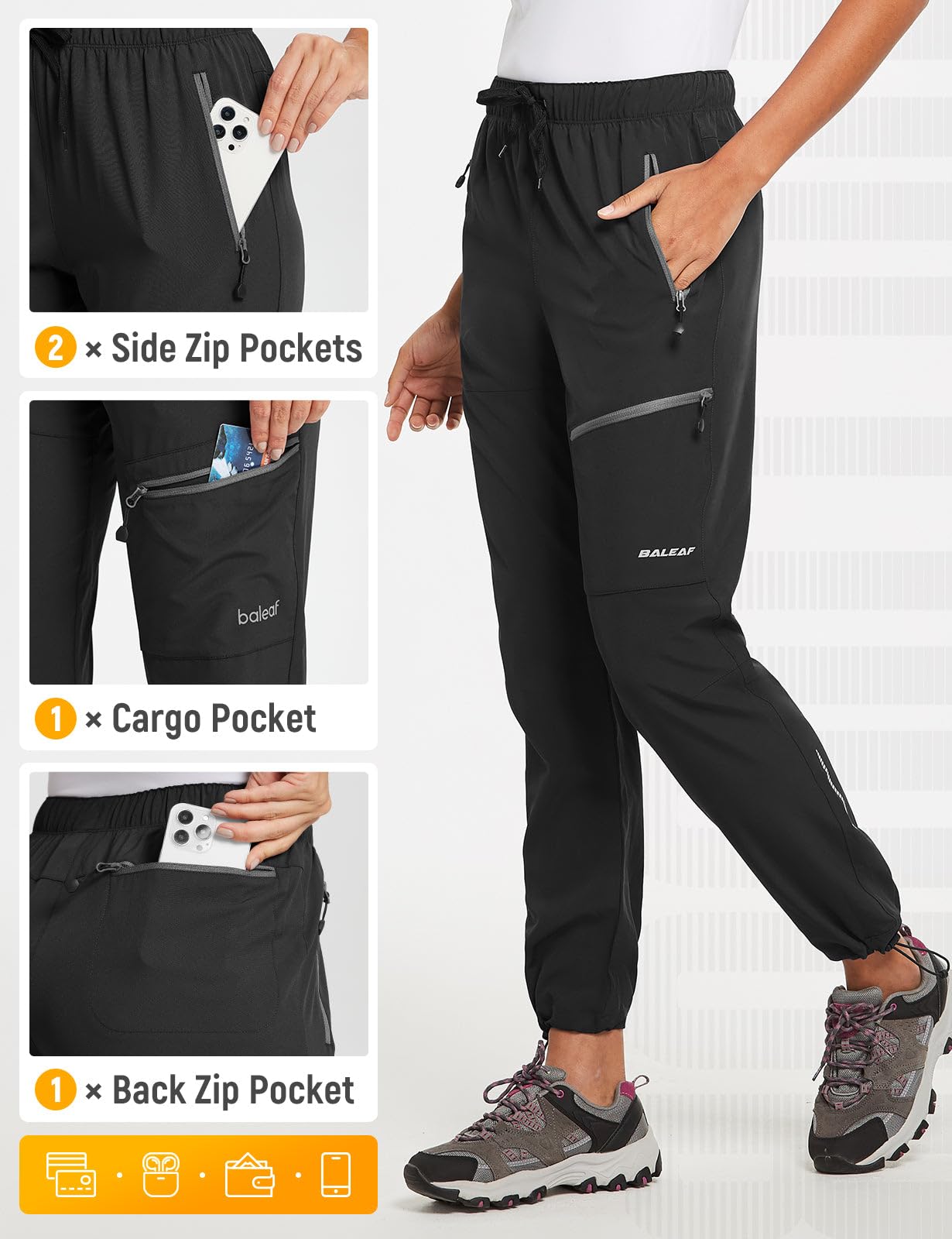 baleaf Women's Hiking Pants Quick Dry Water Resistant Lightweight Joggers Pant for All Seasons Elastic Waist Black Size L