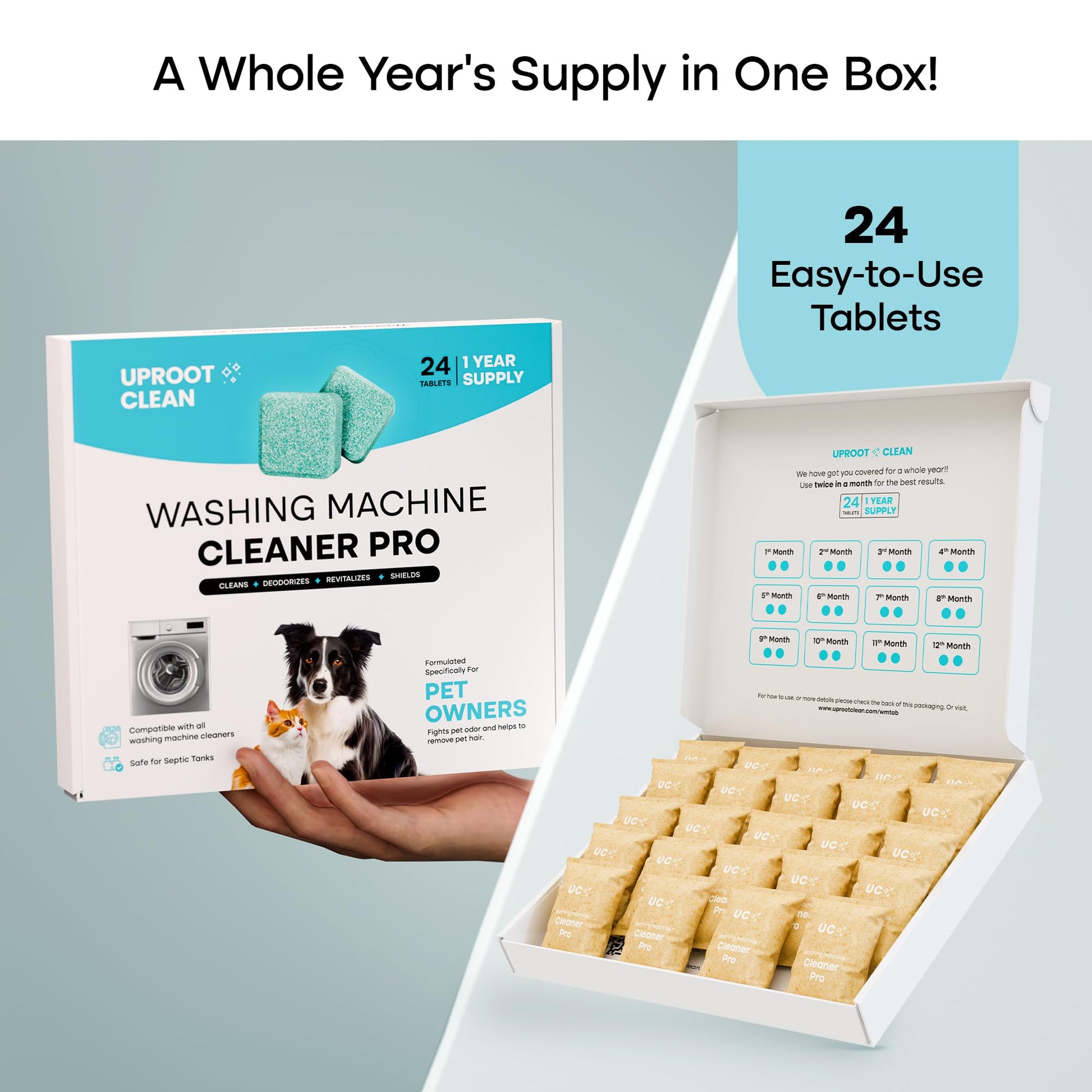 Uproot Clean Washing Machine Cleaner Tablets - 24 Pack for a 12 Month Supply. Formulated for Pet Owners. Compatible with HE, Top & Front Load. Easily Removes Residue, Grime, and Odors. Septic Safe.