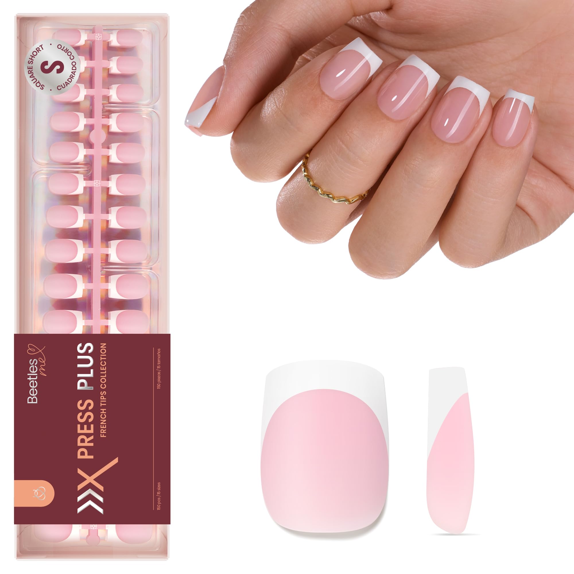 Beetles French Tip Press On Nägel: 150 Stück Rosa Kurze Eckige Press On Nägel 4-in-1 Nail Tips, bereits aufgetragener Primer & Base Coat, kein Feilen nötig DIY Maniküre für Nagelverlängerung Geschenke für Frauen