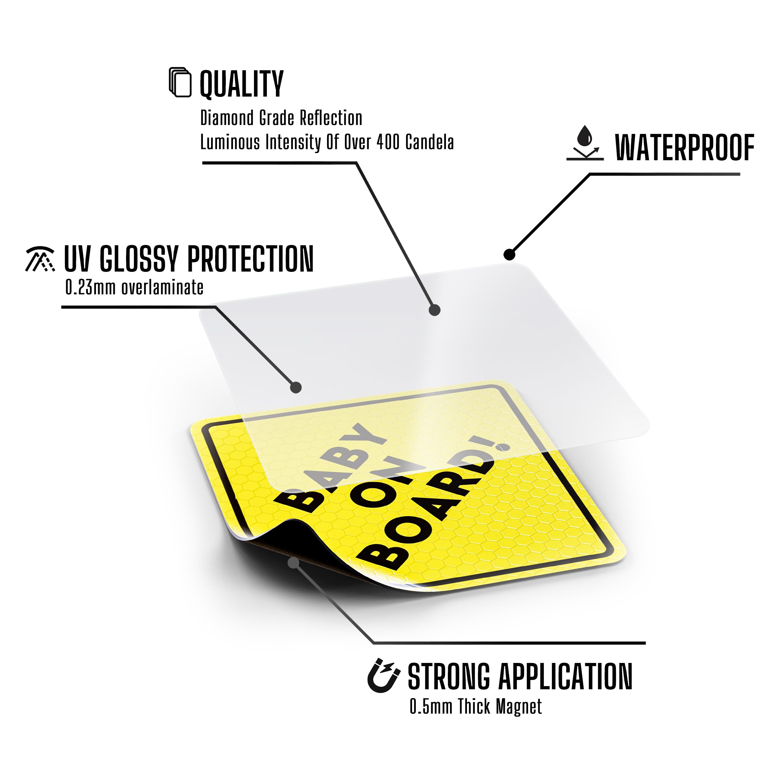 Baby On Board MAGNET Sign for Car - 2 Pack, 5" by 5" - Essential Magnetic Sticker for Bumper - Bright Yellow and Reflective - Best Safety Sign Accessories for Cars