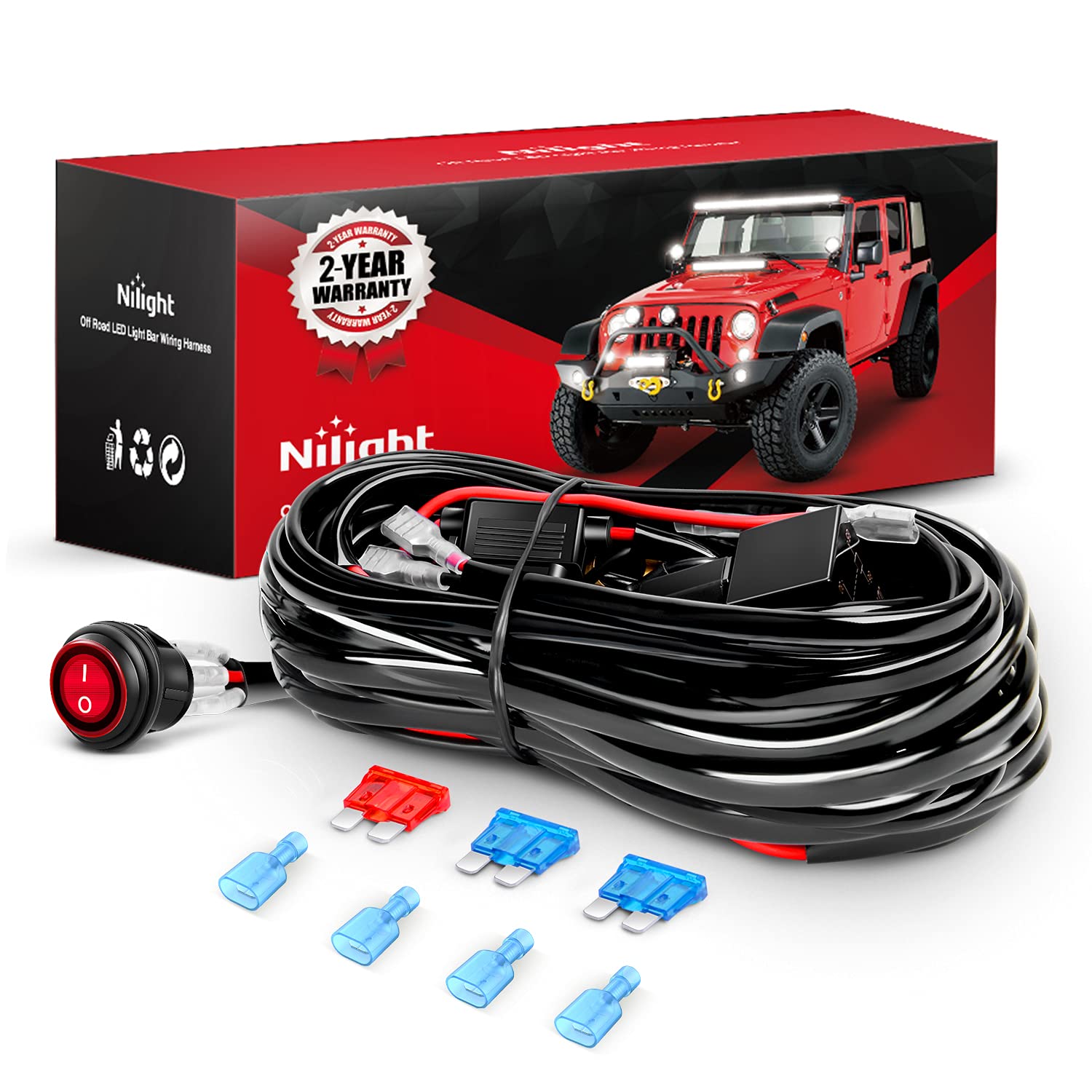 Nilight - NI -WA 06 LED Light Bar Wiring Harness Kit - 2 Leads 12V On Off Switch Power Relay Blade Fuse for Off Road Lights Work Light, 2 Years Warranty,Black