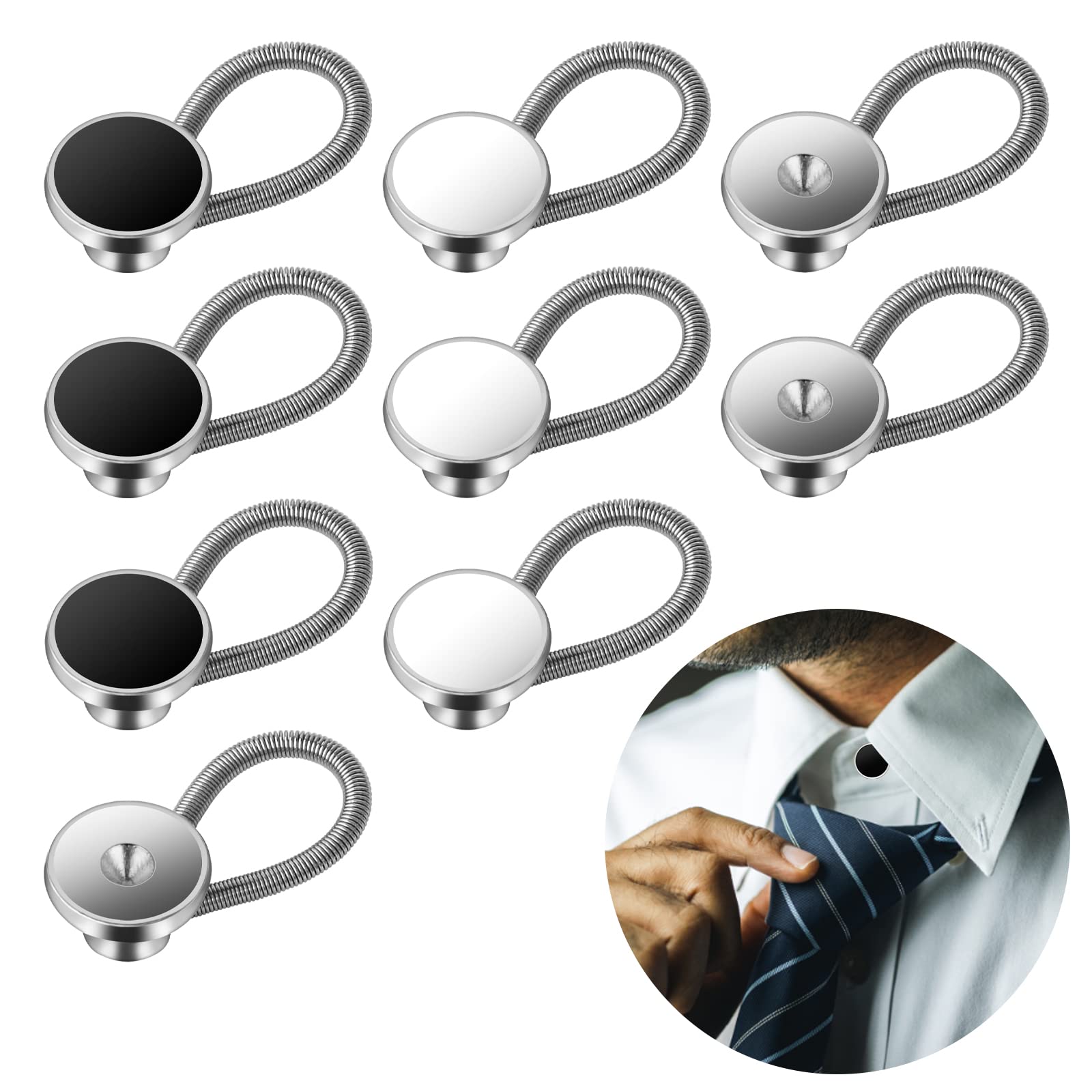 9Pcs Collar Extenders Button for Mens Shirts, Neck Extender Sewing Buttons Extender for Dress Shirts, Suits Cuffs, Coat, Jeans Pants for Men and Women (Black, White, Silver)