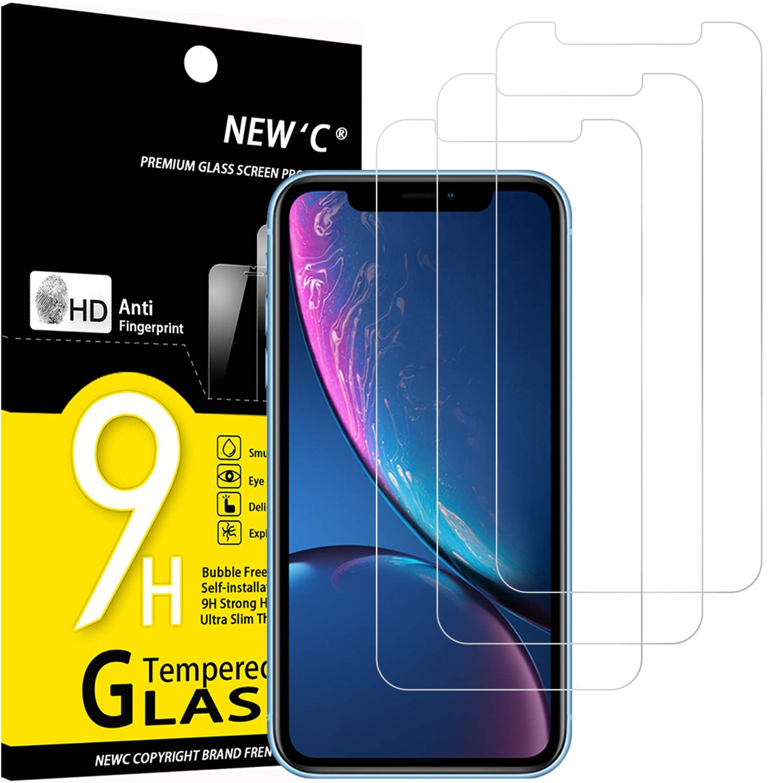 عبوة من 3 قطع NEW'C مصممة لهاتف iPhone 11 و iPhone XR واقي شاشة (6.1 بوصة)، حماية معززة من الزجاج المقسّى، متوافق مع الحافظات، مقاوم للخدش، خالٍ من الفقاعات، فائق المقاومة