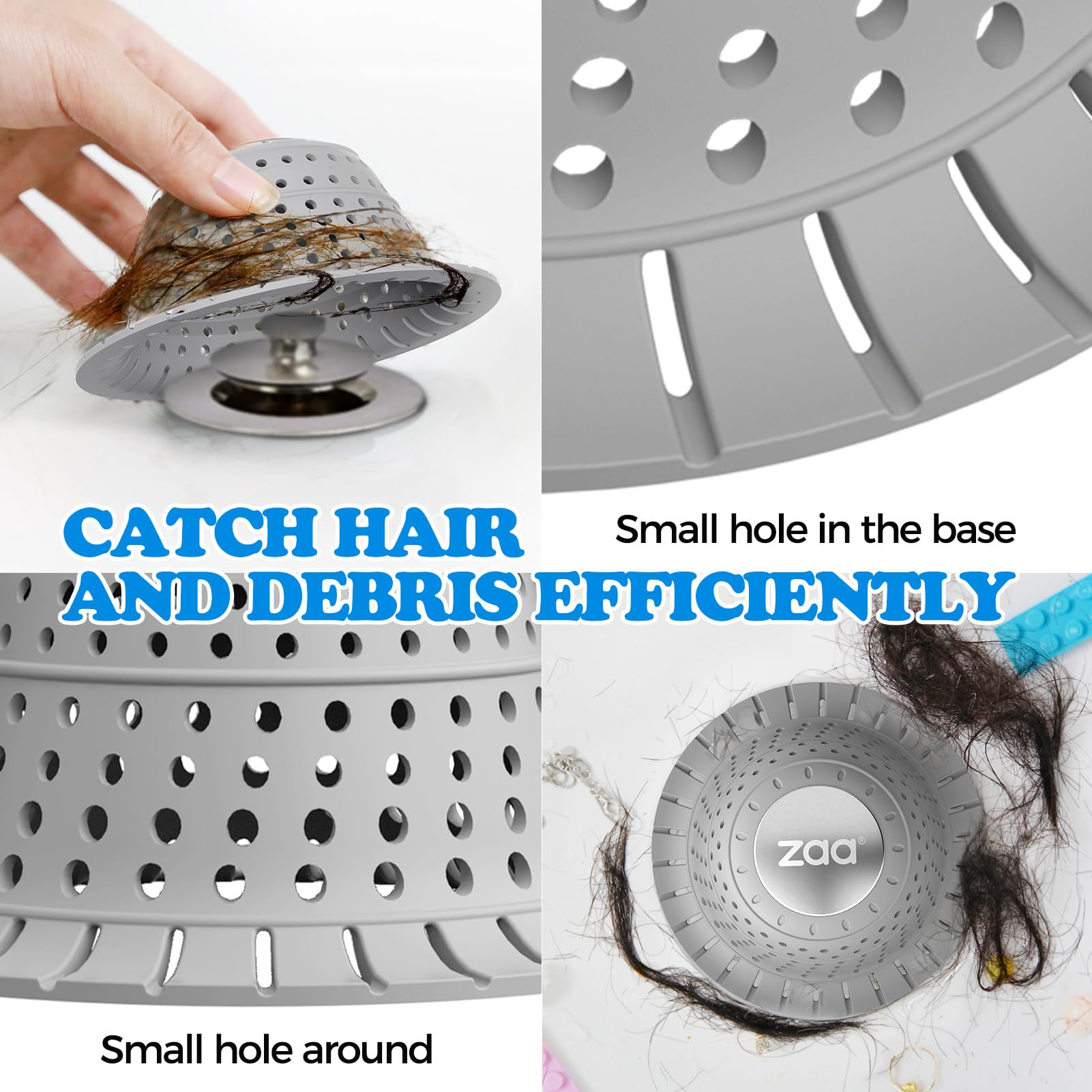 zaa Shower Drain Hair Catcher, 2 Pack Silicone Collapsible Bathtub Drain Cover Dog Hair Catcher & Protector for Pop-Up & Regular Drains of Shower, Bathtub, Tub, Bathroom, Sink