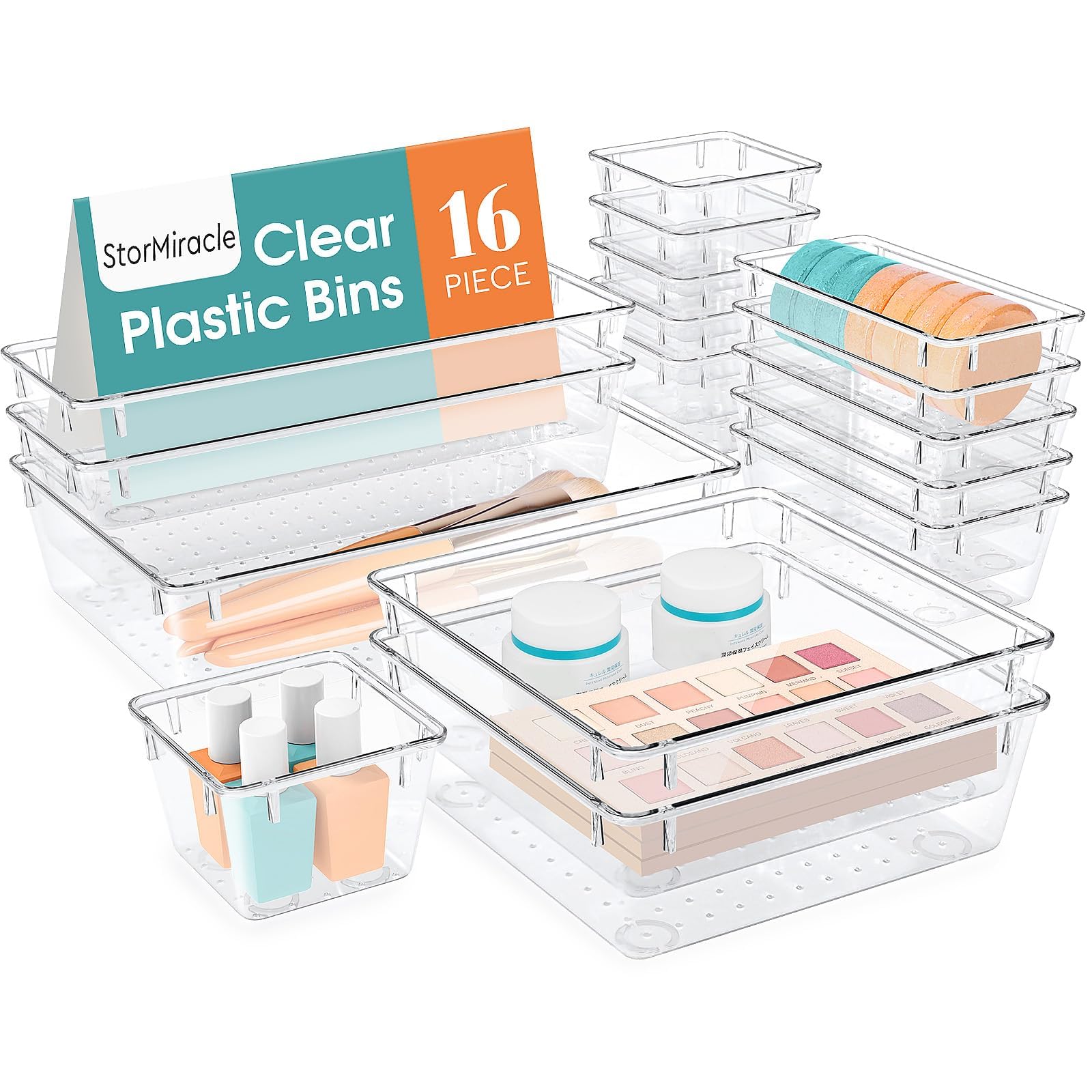 StorMiracle 16-teiliges Schubladen-Organizer-Set, 5 unterschiedlich große Schubladeneinsätze für Bad und Küche, transparente Aufbewahrungsboxen für Make-up, Schmuck, Utensilien und Gadgets