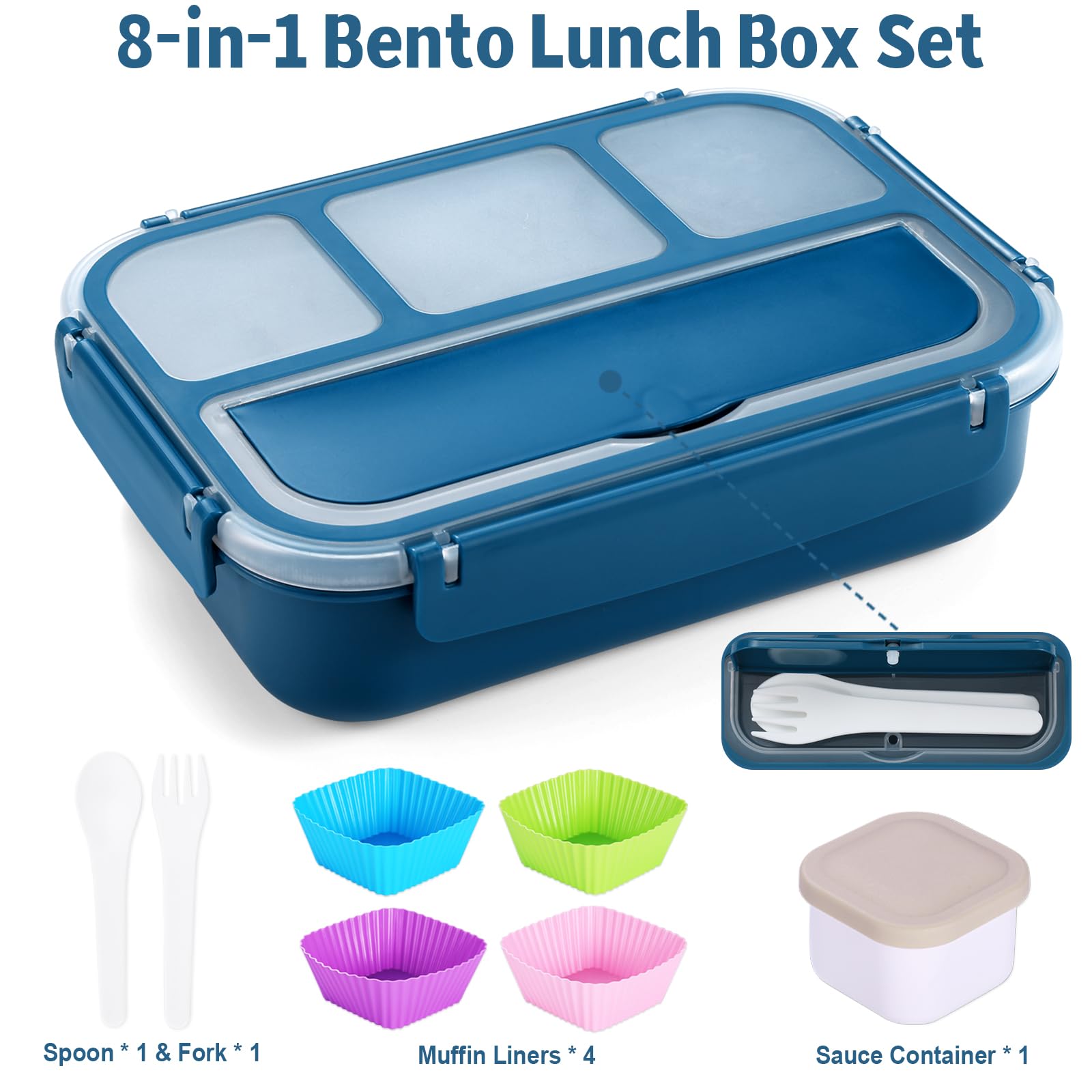 Bento Box Adult Lunch Box, Kids Lunch Containers for School with 4 Compartments, with Utensils, Sauce Jar, Muffin Liners, Microwave Safe, Navy