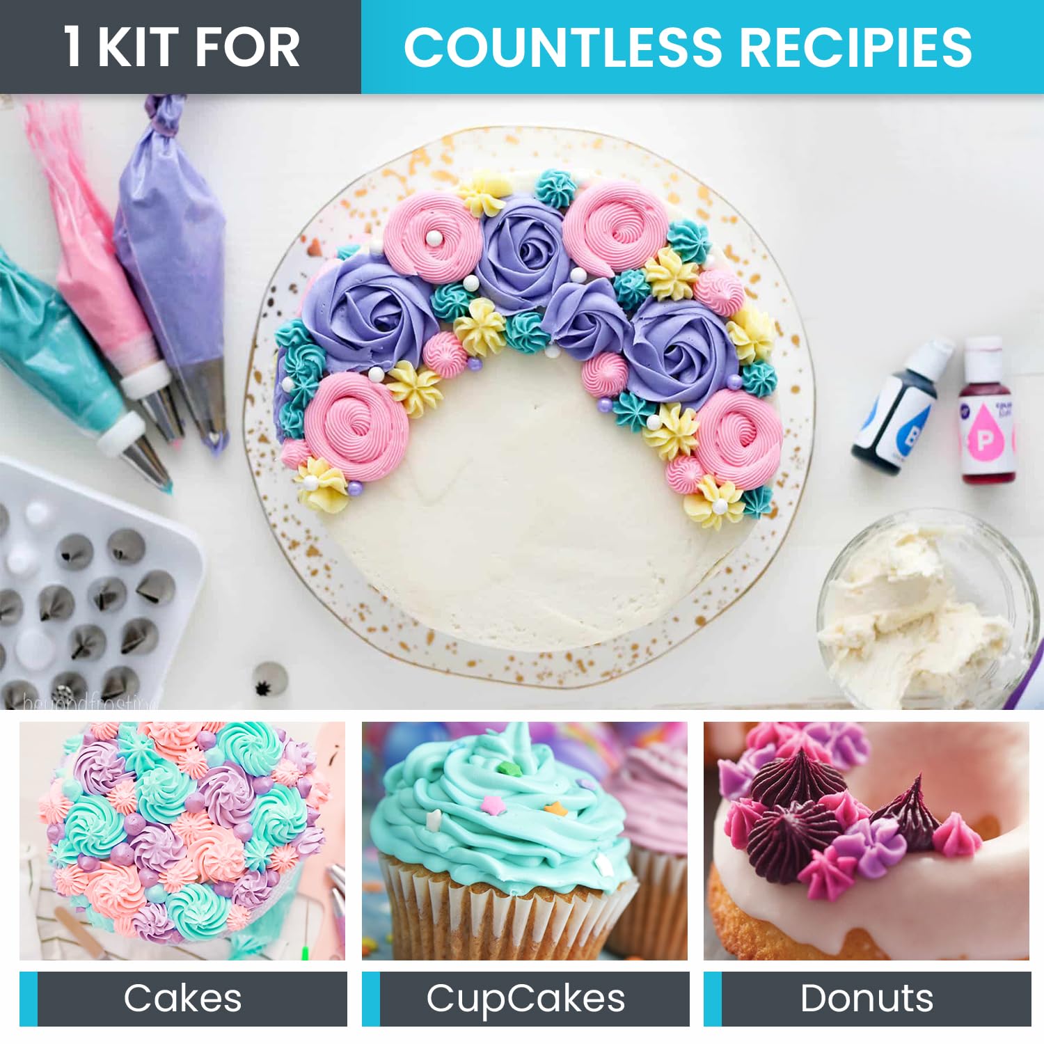 RFAQK 74 PCs Icing Piping Bags and Tips Set, Cake Decorating Kit with 48-Numbered Piping Tips, 20+1 Pastry Bags for Cookie Cupcake Cake Decoration, Cake Decorating Tips Set with Booklet and E-book