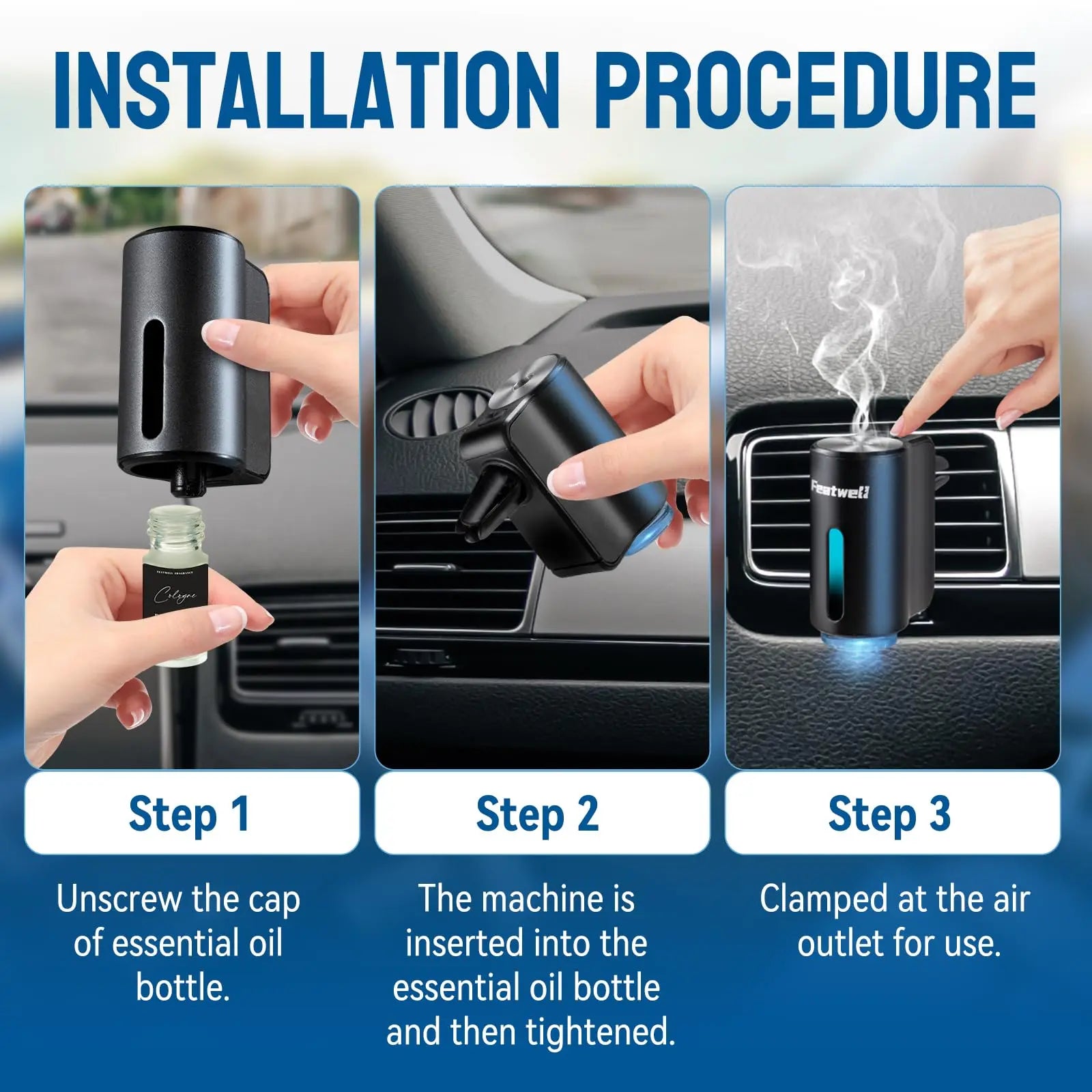 Featwell Car Air Freshener, Three Adjustable Modes Intelligent Car Aroma Diffuser, Rechargeable Car Aroma Diffuser, Black