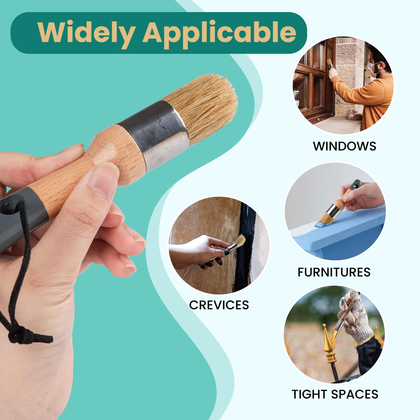 Mister Rui Chalk Wax Paint Brush, 3pcs, Chalk Paint Brushes for Furniture, Small Wax Brush for Acrylic Paint, Milk Paint, Natural Bristles Stencil Brushes, No Shedding