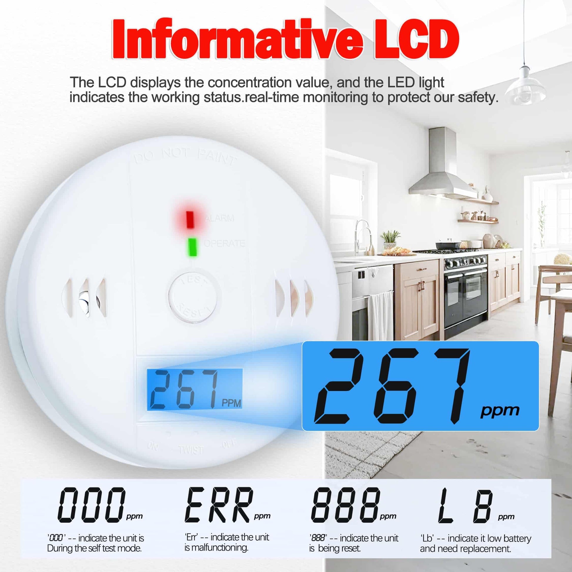 3 Pack Carbon Monoxide detectors,co Detector,Carbon Monoxide Alarm,co2 Detector Battery Powered with LCD Display,Carbon Monoxide Detector,UL2034 Standards,for Home