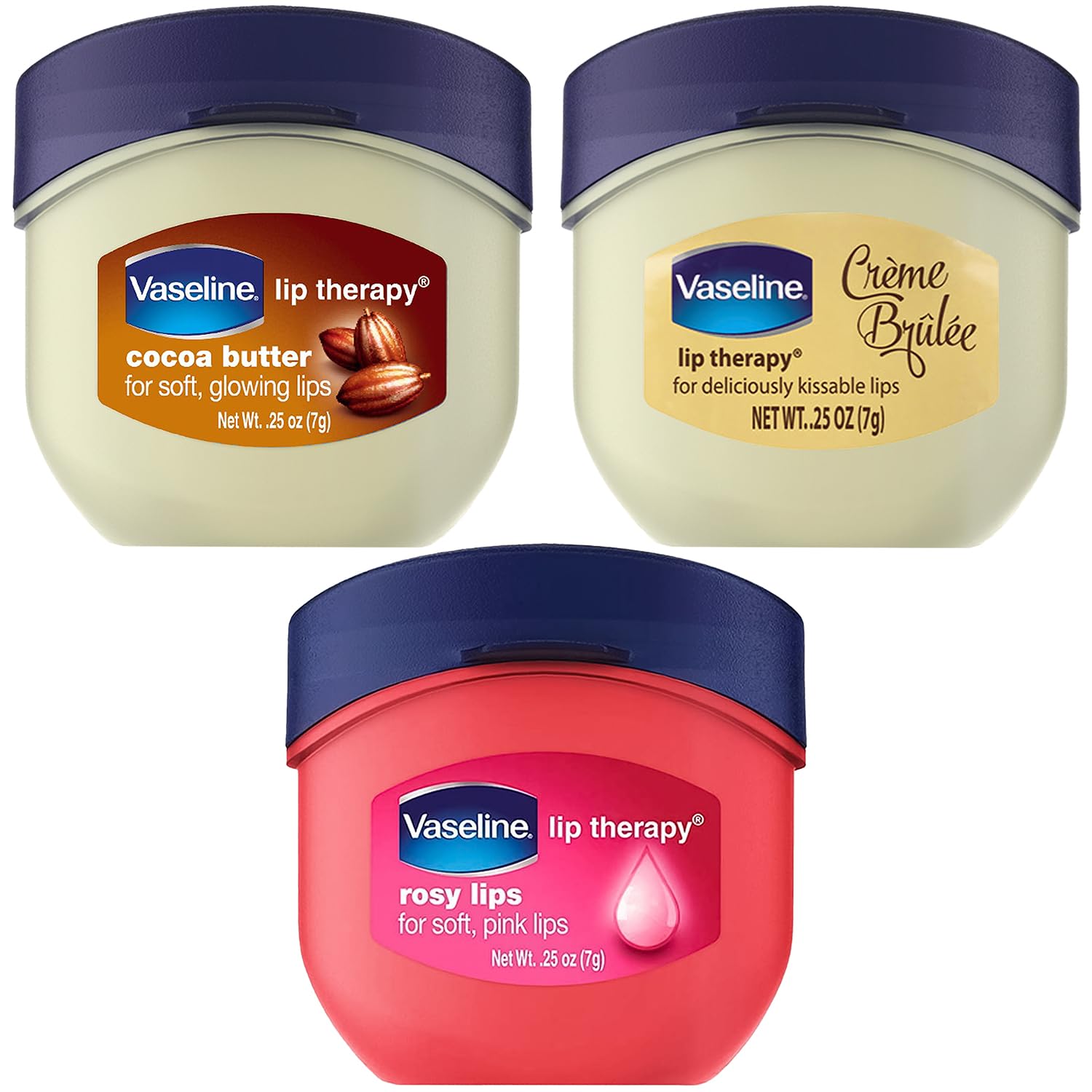 Vaseline Lip Therapy Variety 3-Pack - Creme Brlee, Rosy Lips, Cocoa Butter Mini Lip Balms for Soft, Glowing, and Deliciously Kissable Lips, 0.25 Oz Ea