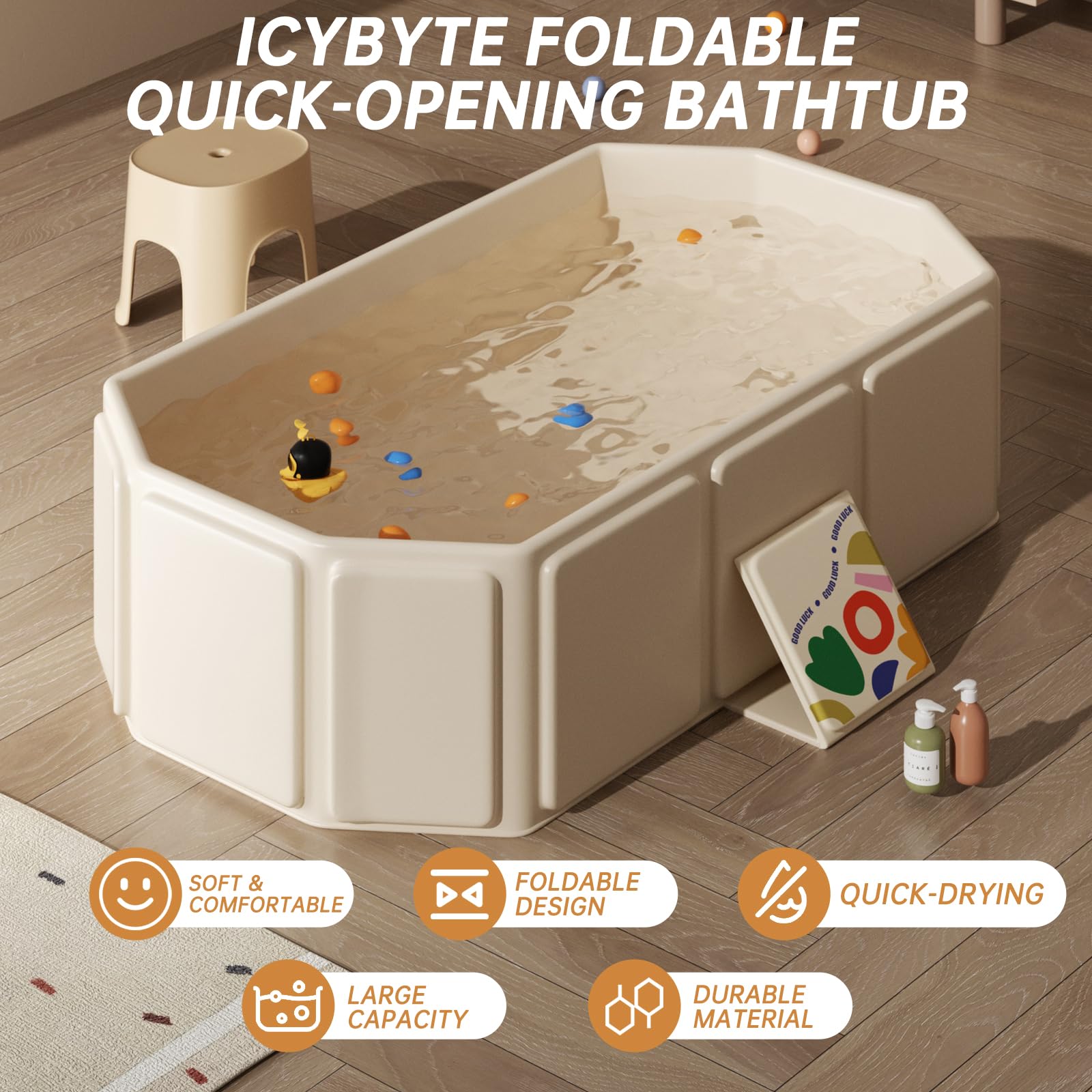 IcyByte Baby Foldable Kids Bathtub for Infants to Toddler with Non-Slip Base,Easy Storage,Perfect for Small Spaces,White