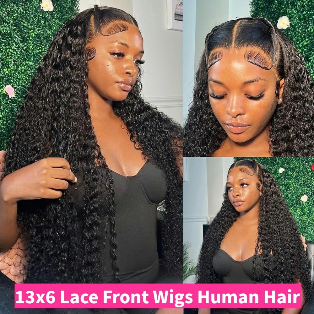 JTMMP 13x6 Deep Wave Lace Front Wigs Human Hair 200% Density 26 Inch Curly Human Hair Wig for Women Natural Black HD Transparent Lace Glueless Frontal Wigs Human Hair Pre Plucked