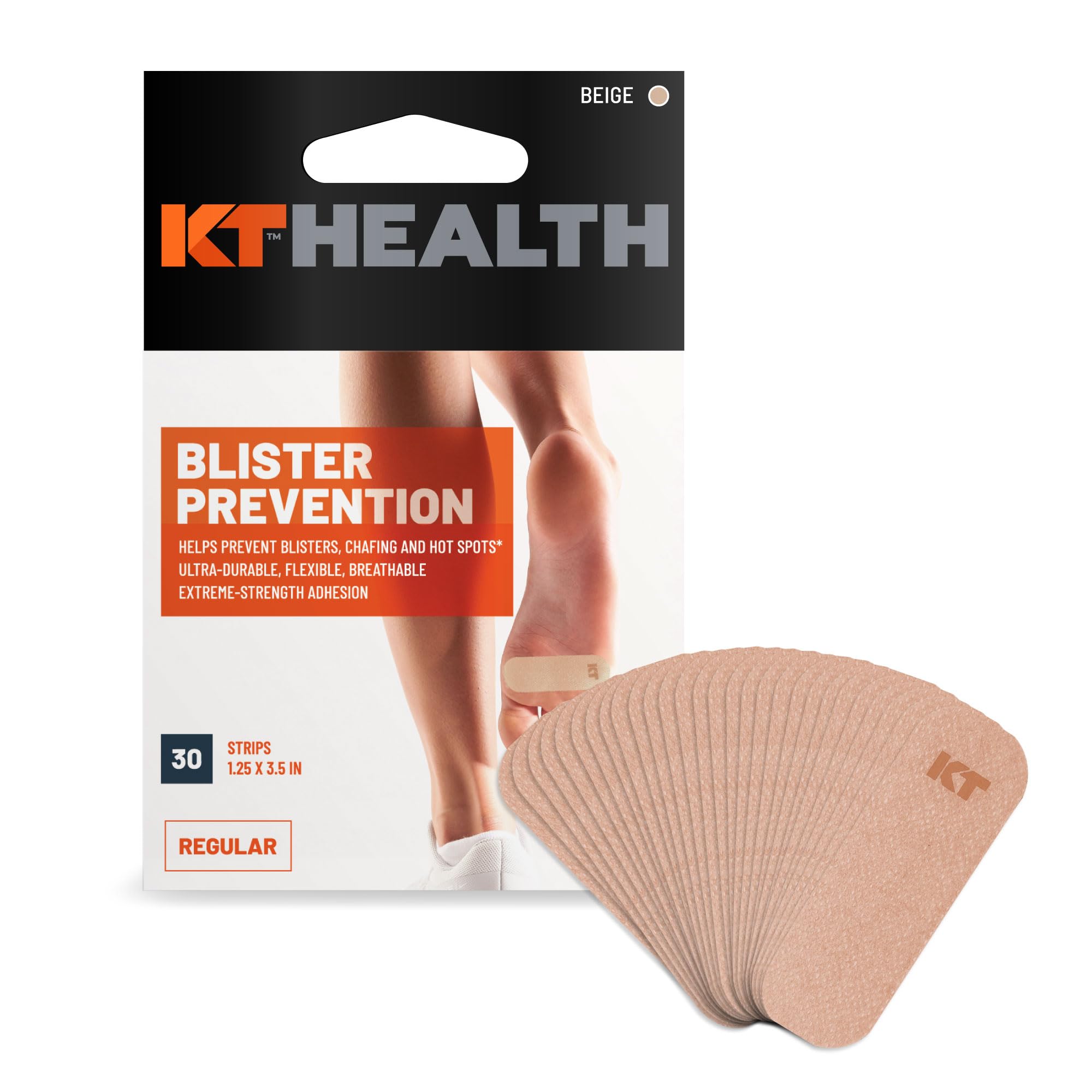 KT Health Blister Prevention Tape - 30 Precut Strips for Blister Protection, Strong Adhesive, Dermatologist Tested, Ideal for Athletes and Active Lifestyles - Beige