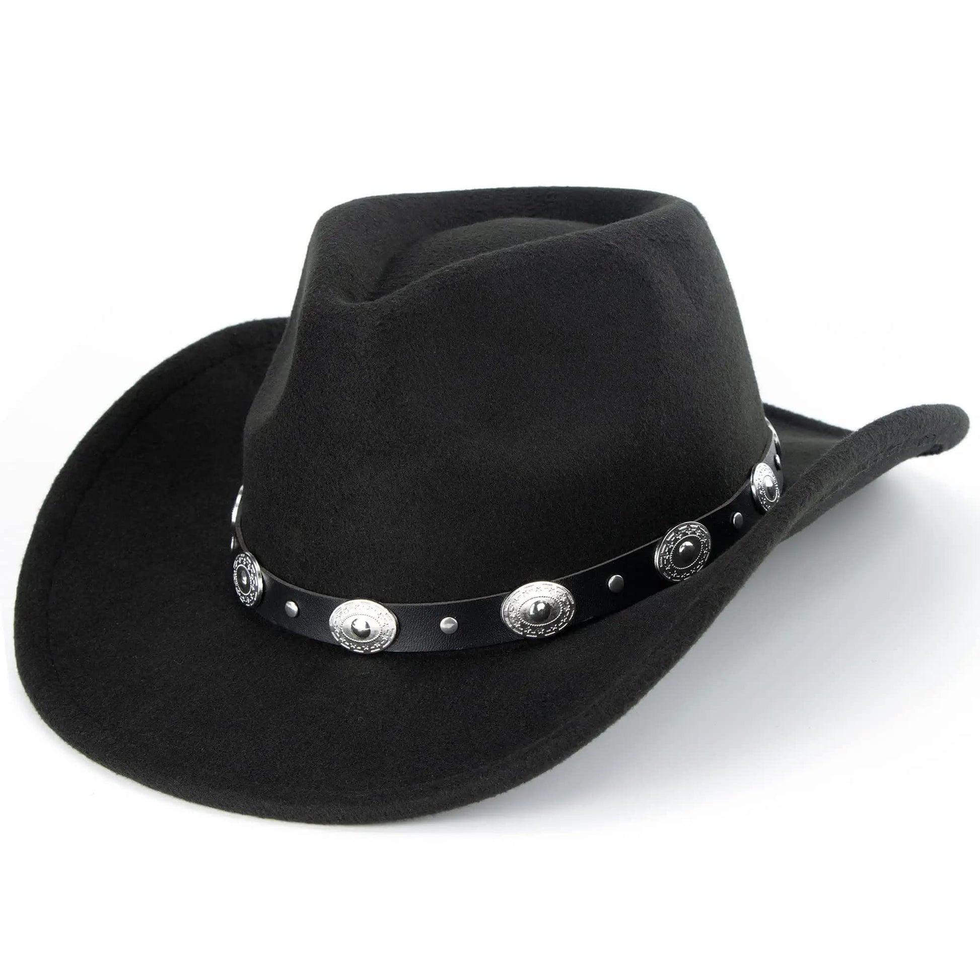 Womens Western Cowboy Hats Studded Pinched Western Cowgirl Hats Wide Brim Fedoras Hat with Belt Buckle (Size:Medium) Black