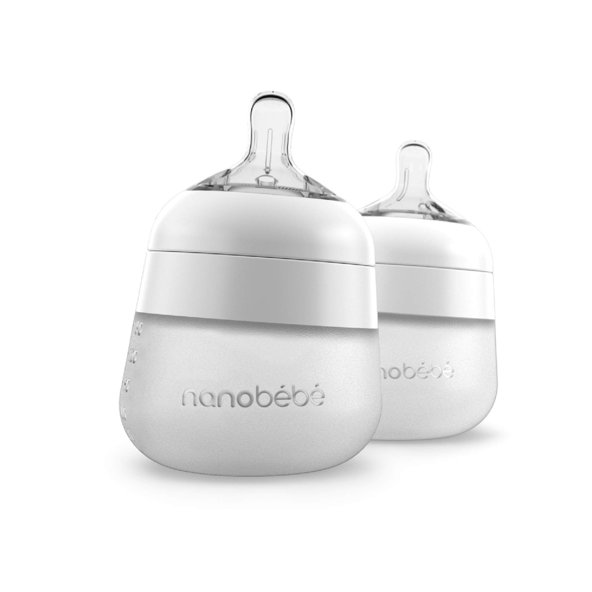 Nanobebe Flexy Silikon Babyflasche, Anti-Kolik, natürliches Gefühl, nicht kollabierender Sauger, kippsichere, stabile Basis, leicht zu reinigen, 2er-Pack, Weiß, 150 ml