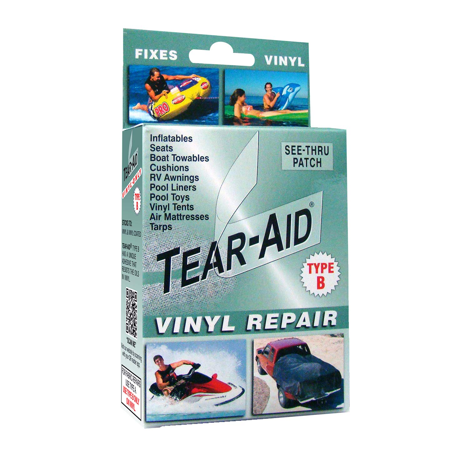 طقم إصلاح الفينيل من TEAR-AID، لاصق شفاف من النوع B لمواد الفينيل والمواد المطلية بالفينيل، يعمل على خيام الفينيل والمظلات والمراتب الهوائية وبطانات المسابح والمزيد، علبة خضراء، عبوة فردية