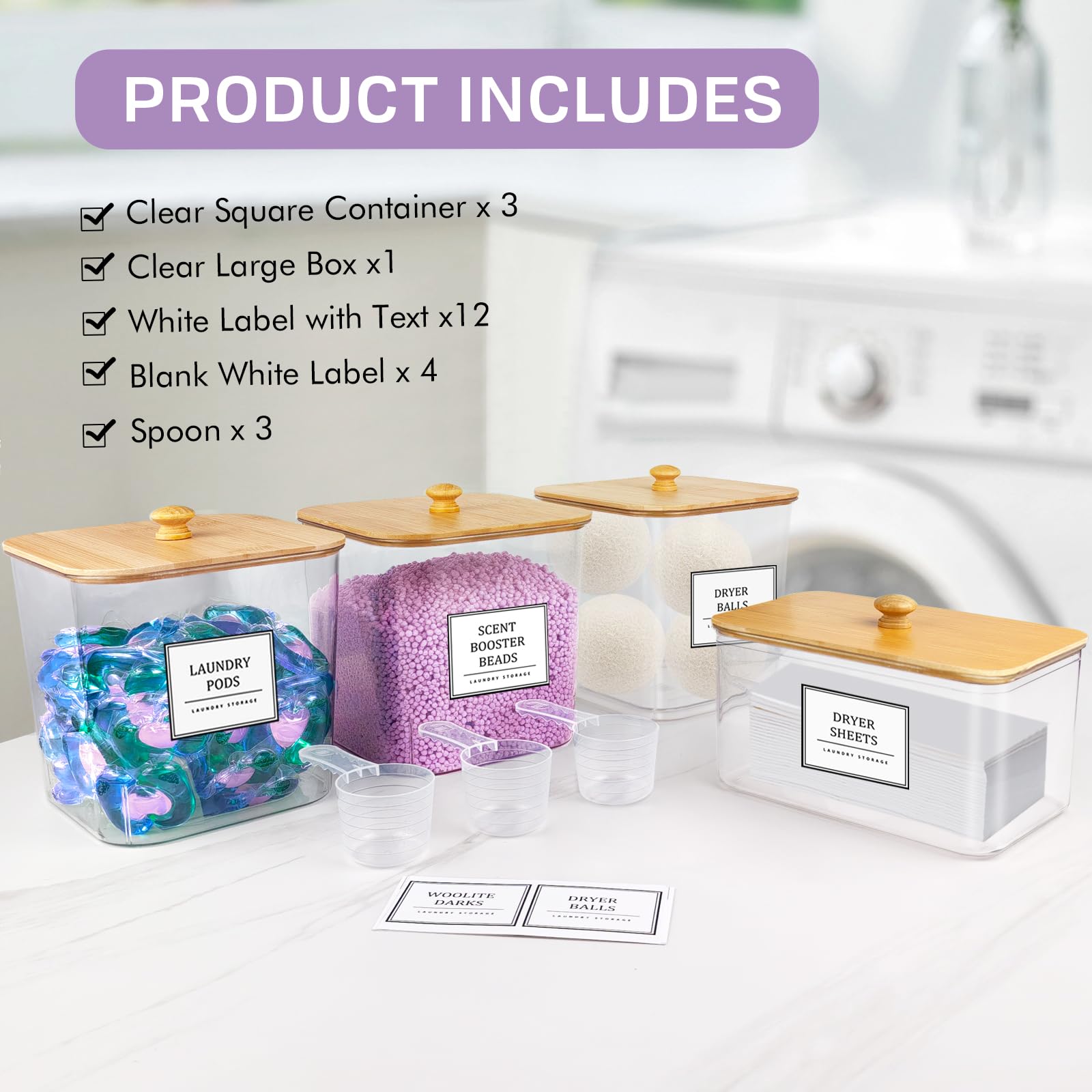 3+1 Pack Laundry Pods Container,Clear Laundry Room Organization Containers,Large Laundry Detergent Powder Storage Containers with Wooden Lids & Labels,Laundry Pods Holder for Scent Booster,Powder,Pods
