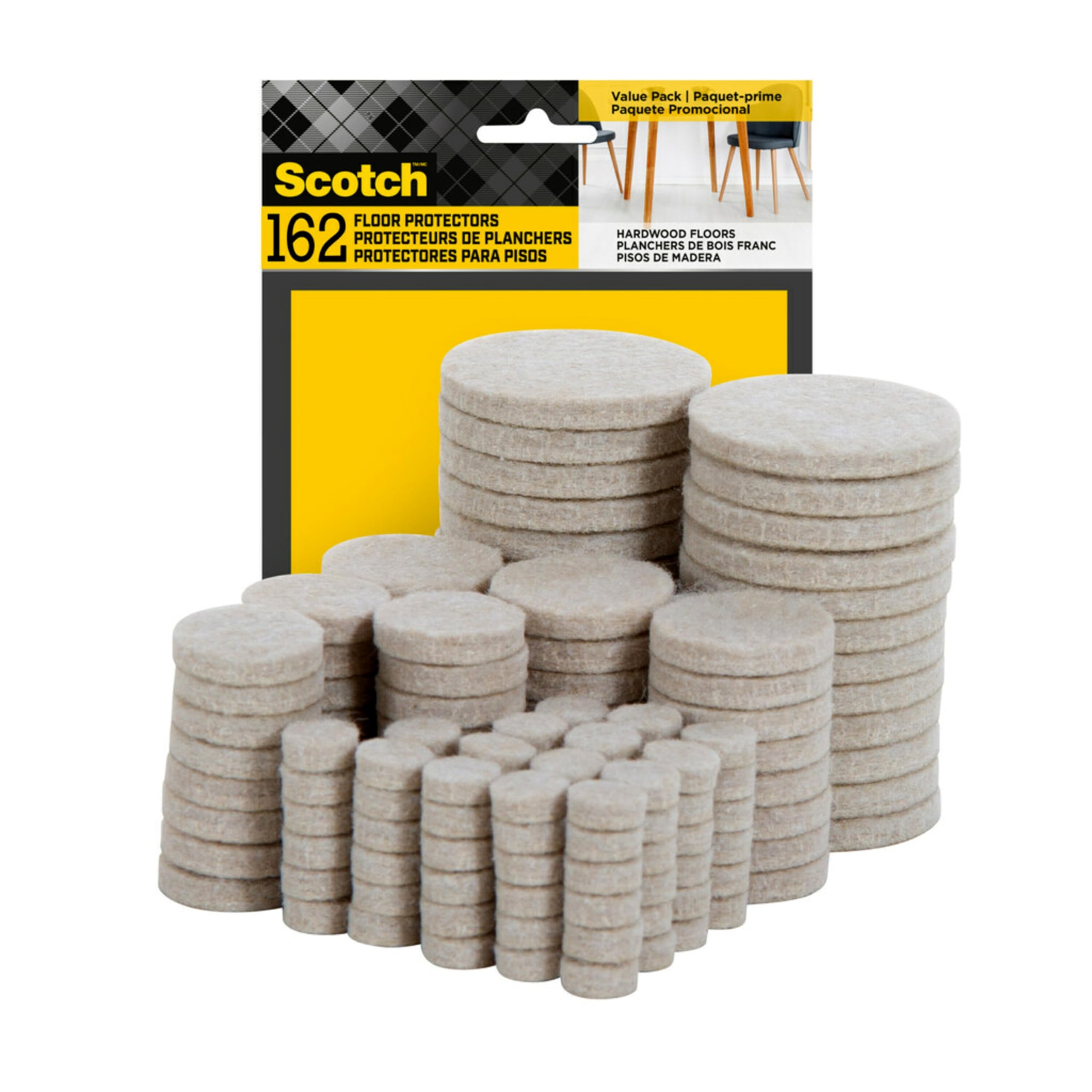 Scotch Filzgleiter 162 STK Beige, Filzmöbelgleiter zum Schutz von Holzböden, Rund, Sortierte Größen Vorteilspackung, Selbstklebend, Schutz vor Kerben, Dellen und Kratzern (SP845-NA)