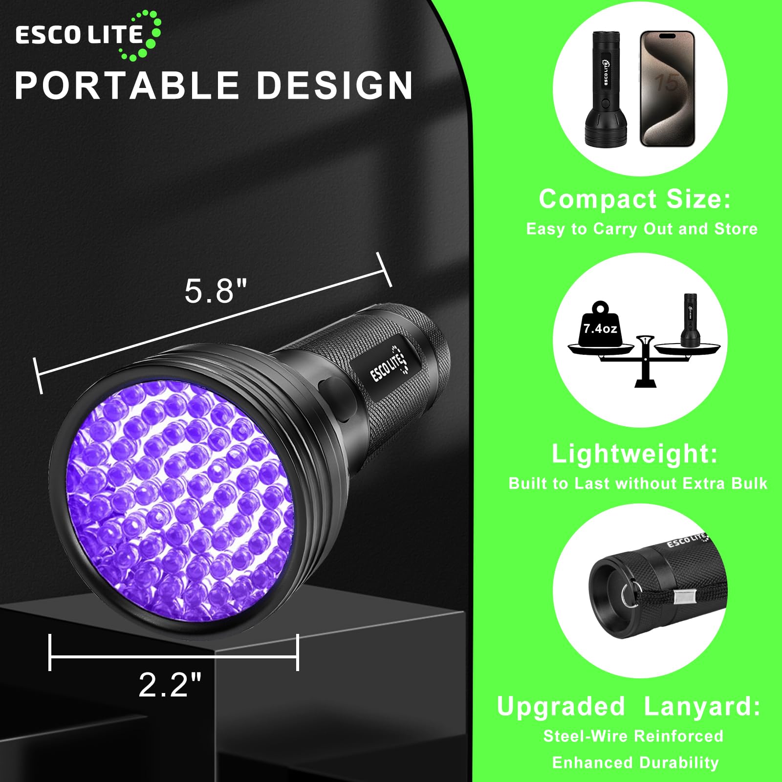 ESCO LITE Escolite UV Flashlight Black Light, 51 LED 395 nM Ultraviolet Blacklight Detector for Dog Urine, Pet Stains and Bed Bug