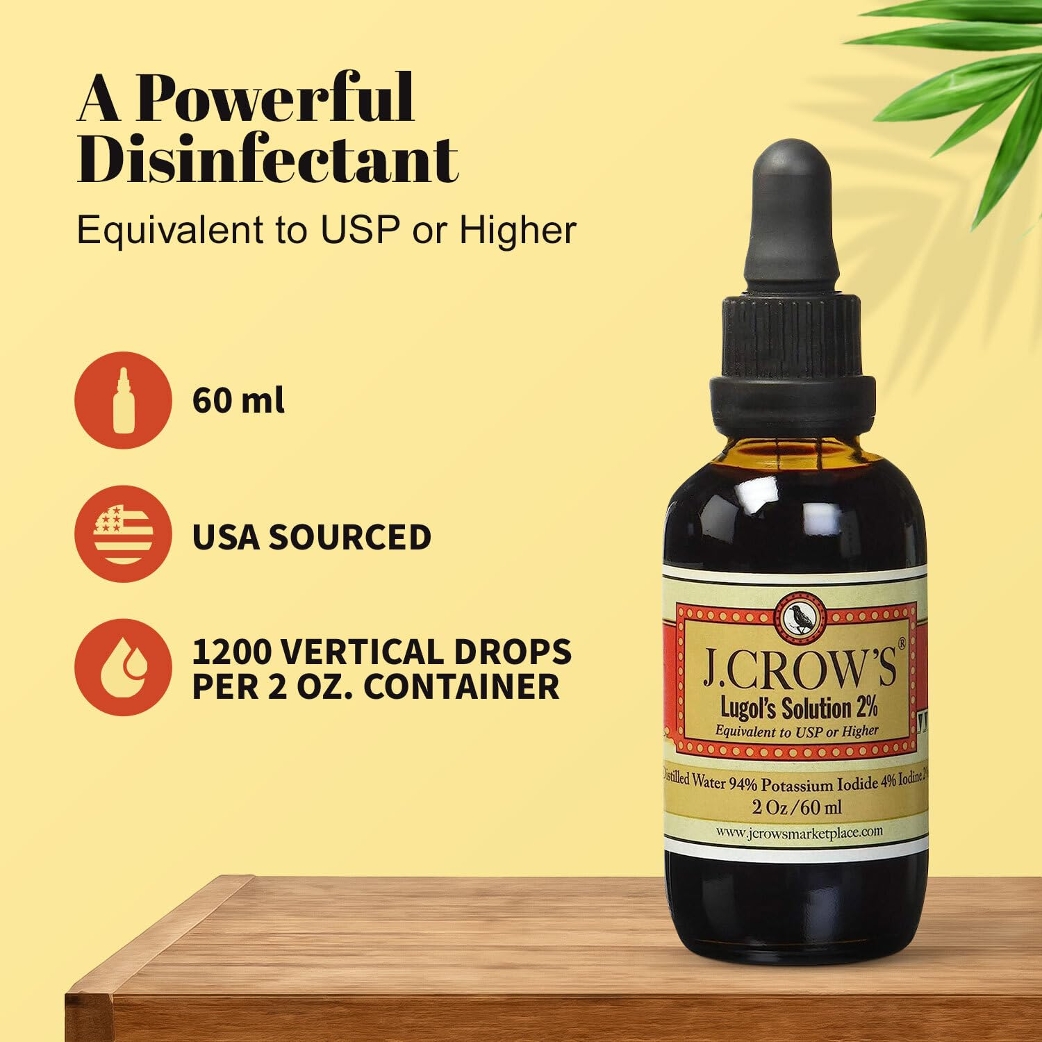 J.CROW'S® Lugol's Solution of Iodine 2% 2 oz (1 Bottle) – Premium Potassium Iodide Liquid, Supports Thyroid & Energy, Gluten &, Alcohol-Free Natural Brine Extract, No Expiration