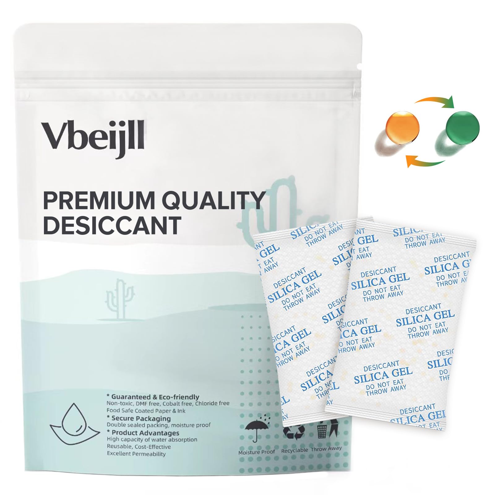 Vbeijll 5 Gram (50 Pack) Color-Indicating Silica Gel Packets, Premium Food Grade Desiccant - Rechargeable Moisture Absorbers for Food Storage, Electronics, 3D Filament & Safes