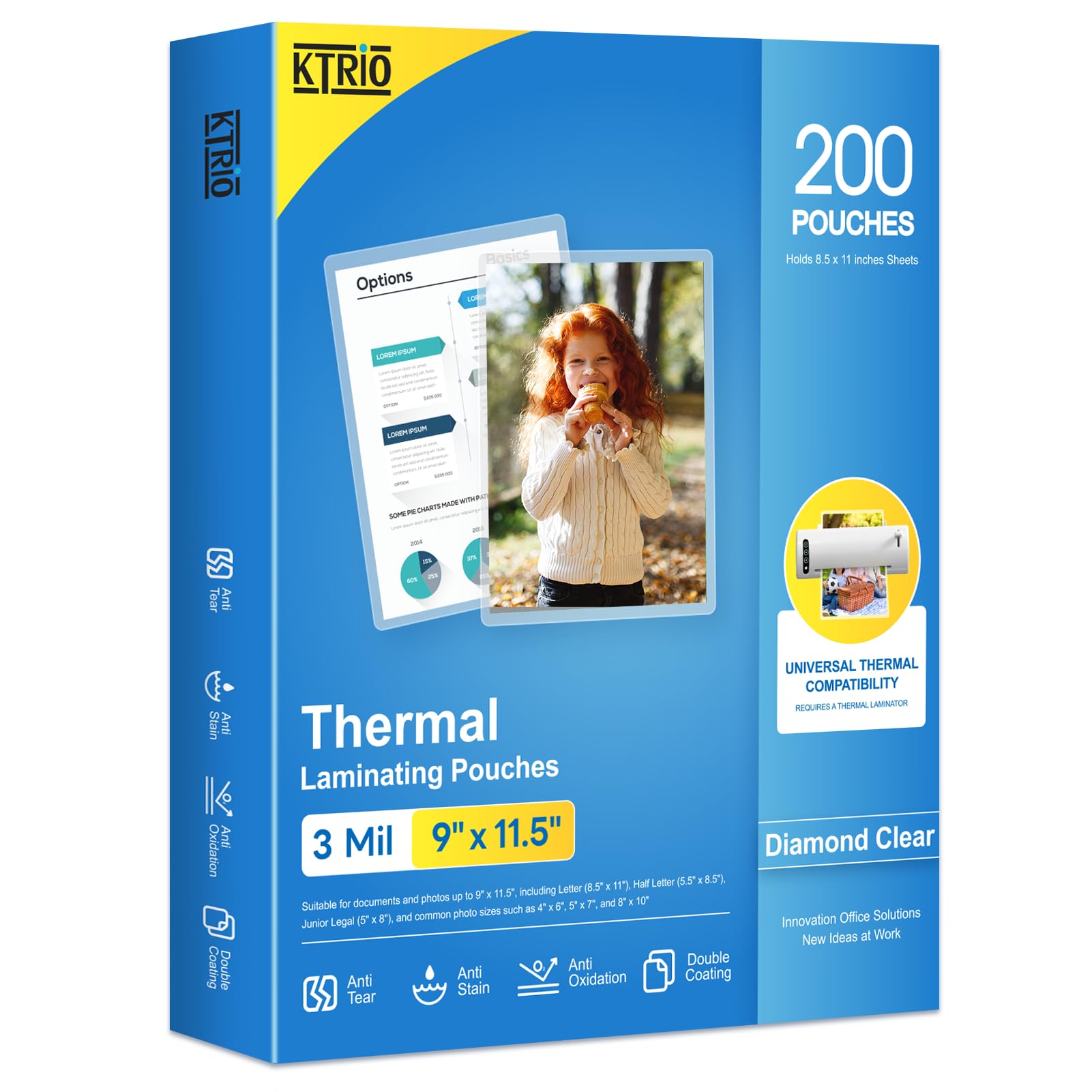 KTRIO Laminating Sheets, Hold 8.5 x 11 inches Sheets, 200 Pack, 3 Mil Clear Thermal Laminate Pouches for Laminator, 9 x 11.5 inch Lamination Paper for School, Home & Office