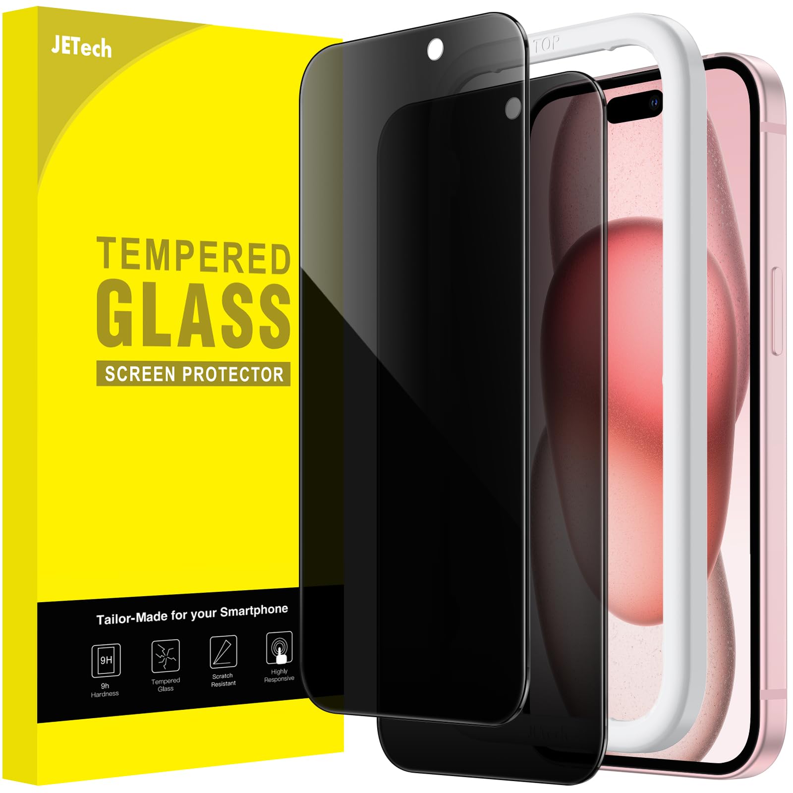 واقي شاشة الخصوصية من JETECH لهاتف iPhone 15 مقاس 6.1 بوصة، طبقة زجاجية مقواة مضادة للتجسس مع أداة تركيب سهلة، عبوة من قطعتين