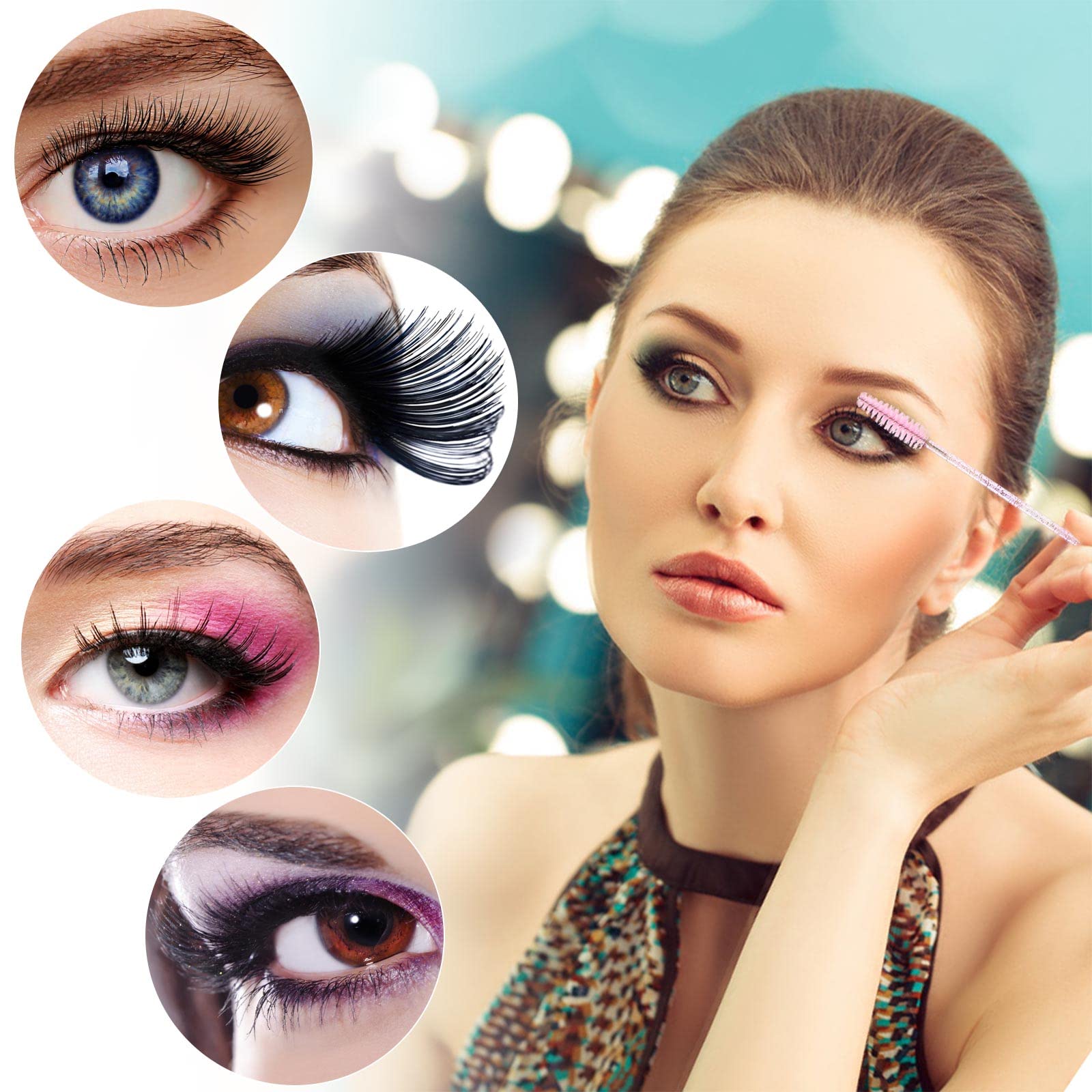 100 Pcs Disposable Mascara Wands, Crystal Eyebrow Spoolies Brush for Eyelash Extensions, Pink Lash Brushes with Container
