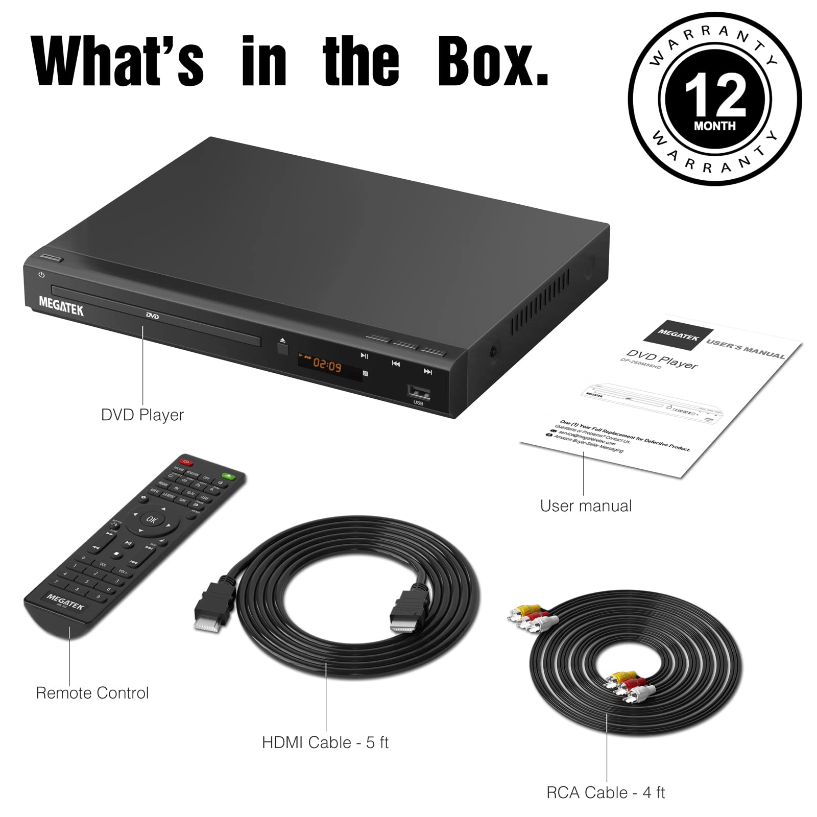 MEGATEK Region-Free HDMI DVD Player for TV, Compact CD/DVD Player for Smart TV, USB Port, Plays All Region DVDs & Multi Formats, Metal Housing, HDMI/RCA Cables & Remote Included