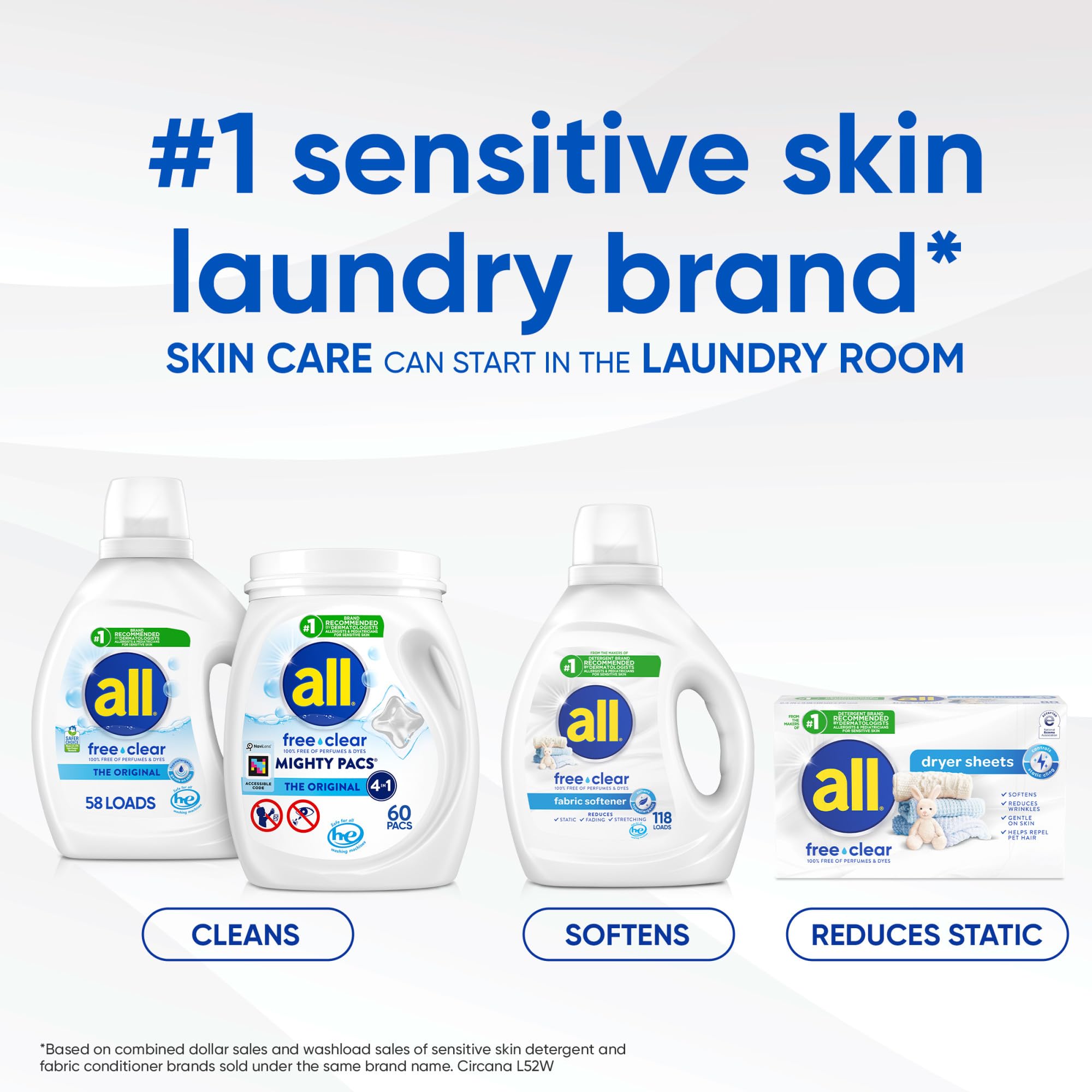 All Mighty Pacs Laundry Detergent, Free Clear for Sensitive Skin, Tub, 60 Count
