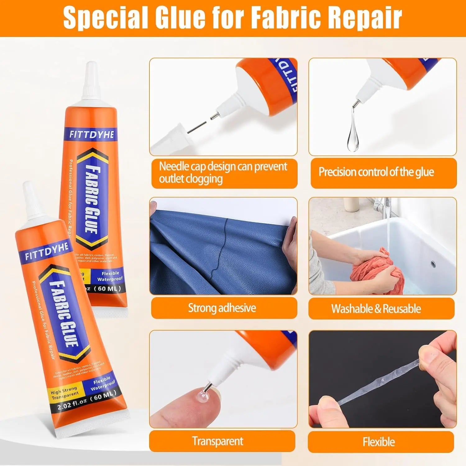 3Pcs Fabric Glue Permanent, 60 ML Washable Clear Clothing Glue, Super Fabric Glue for Rhinestones, Patches, Clothes, Denim, Leather, Polyester, Fabrics, Doll Repair, Flannel, Cotton
